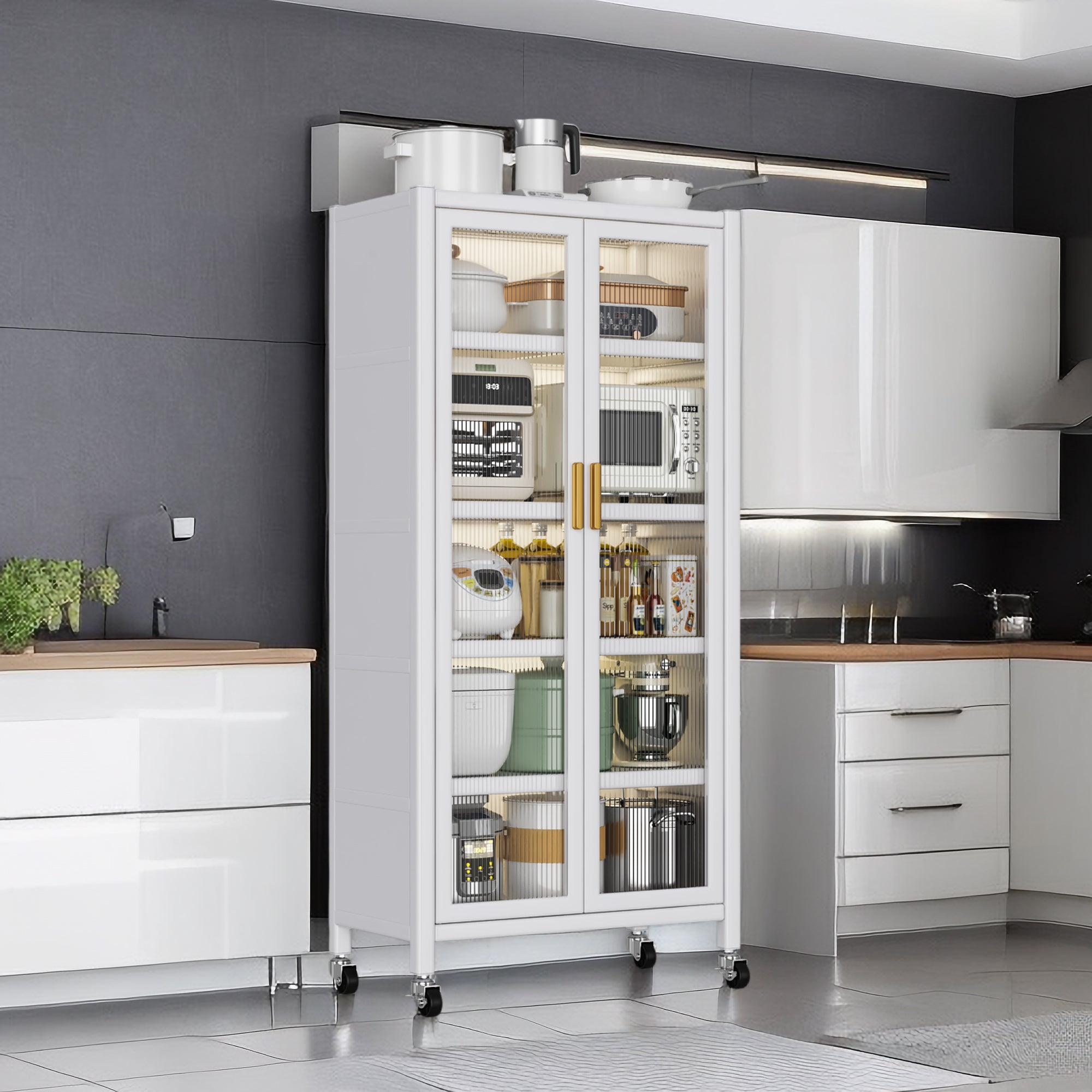 Open-door kitchen shelving Floor-to-ceiling multilevel household microwave