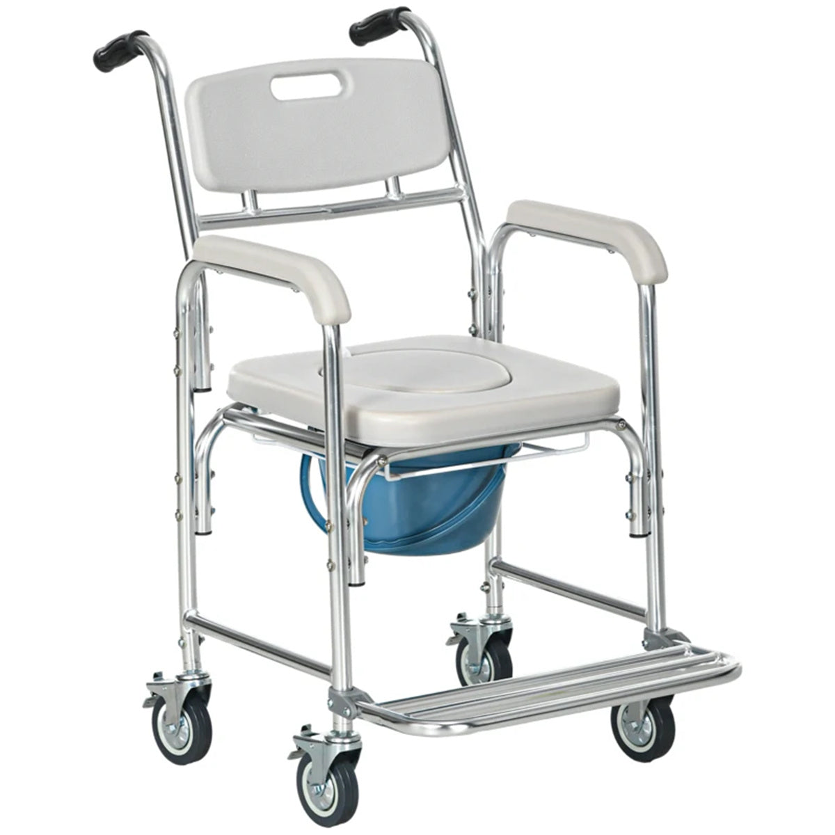 Gray Shower Commode Wheelchair,  Waterproof Rolling Over Toilet Chair with Padded Seat