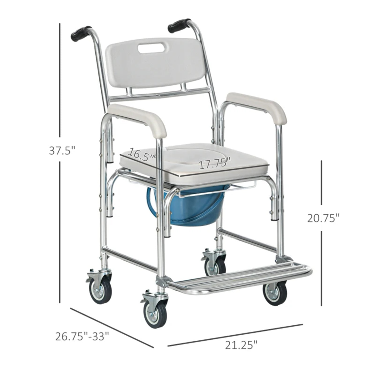 Gray Shower Commode Wheelchair,  Waterproof Rolling Over Toilet Chair with Padded Seat