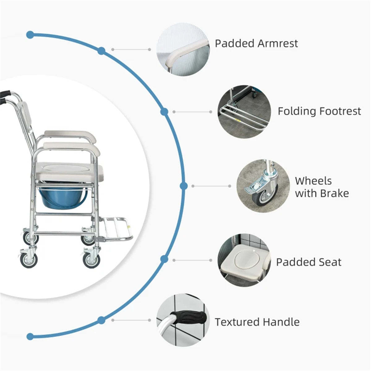 Gray Shower Commode Wheelchair,  Waterproof Rolling Over Toilet Chair with Padded Seat