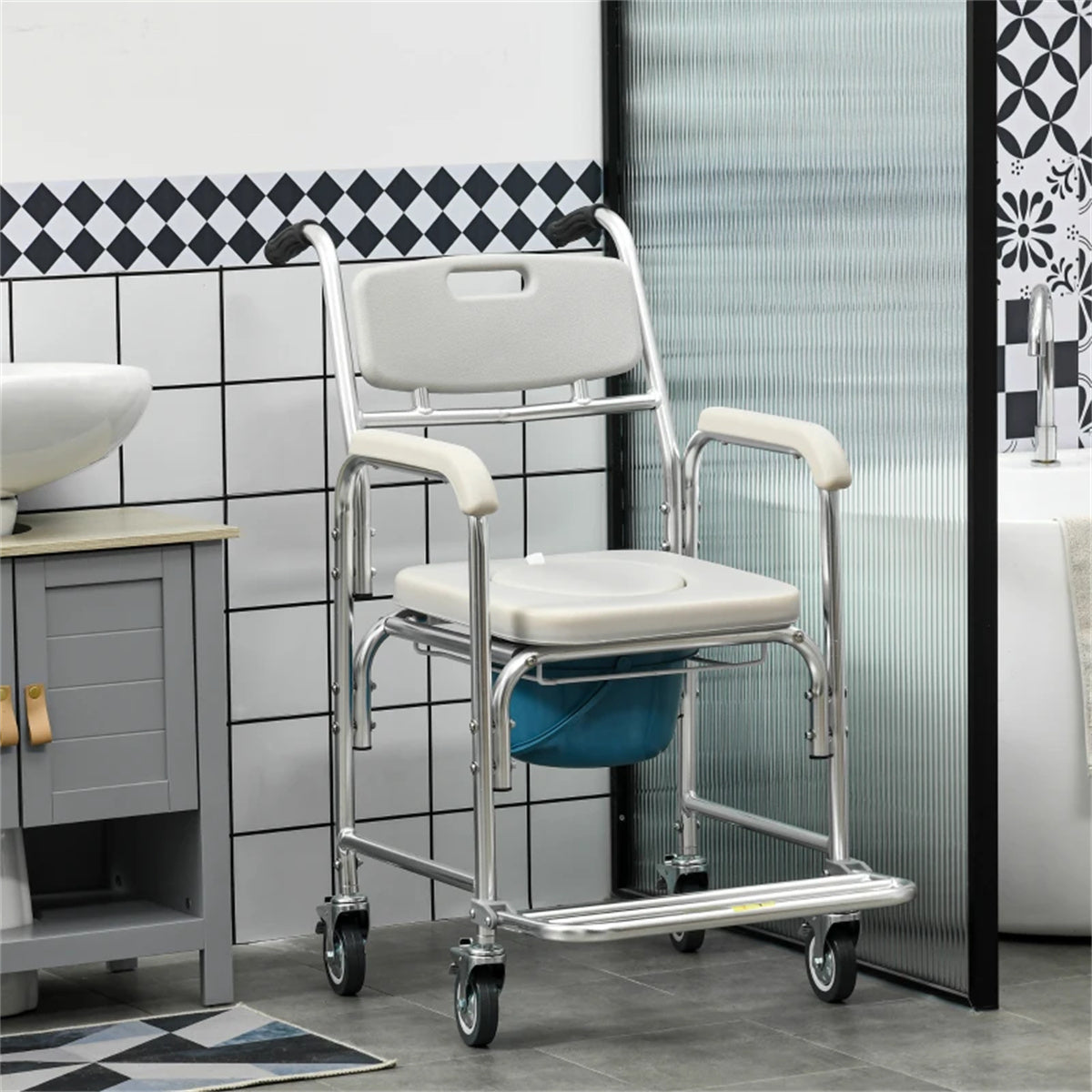 Gray Shower Commode Wheelchair,  Waterproof Rolling Over Toilet Chair with Padded Seat