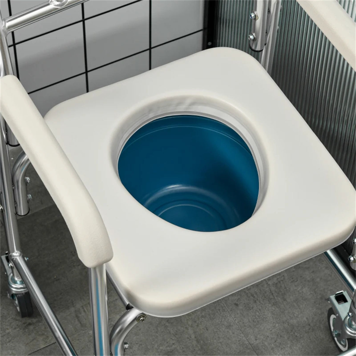 Gray Shower Commode Wheelchair,  Waterproof Rolling Over Toilet Chair with Padded Seat