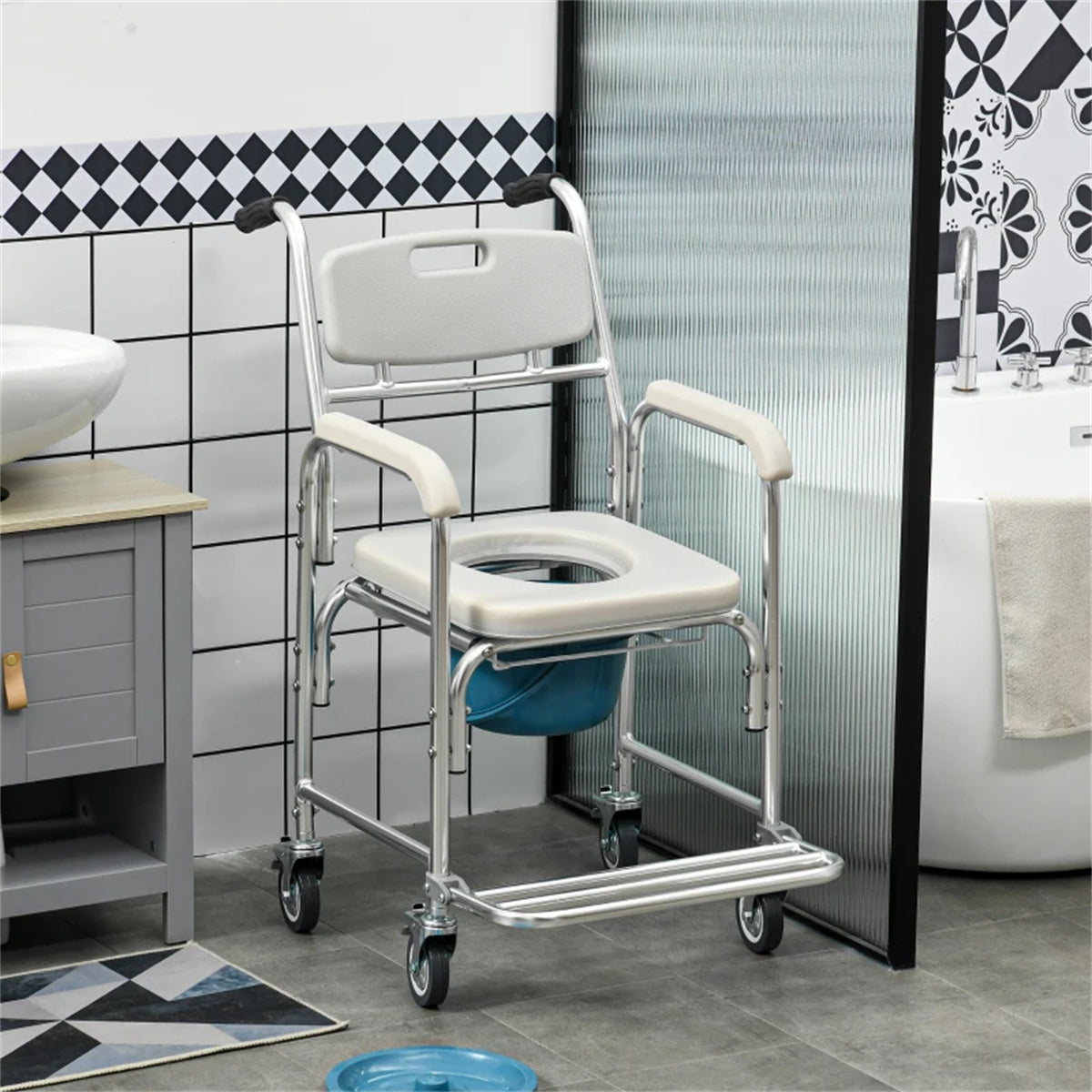 Gray Shower Commode Wheelchair,  Waterproof Rolling Over Toilet Chair with Padded Seat