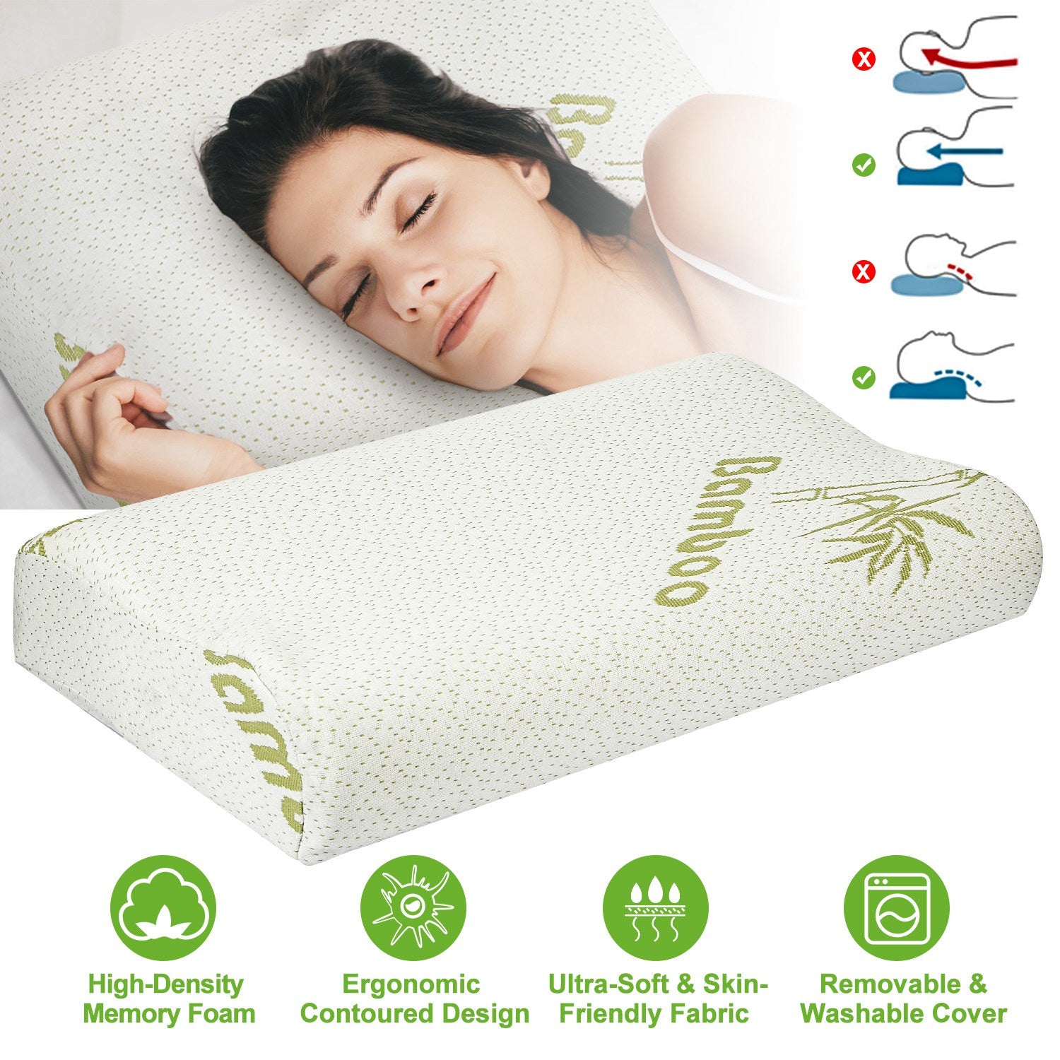 Bamboo Memory Foam Sleep Pillow Contoured Cervical Orthopedic Pillow