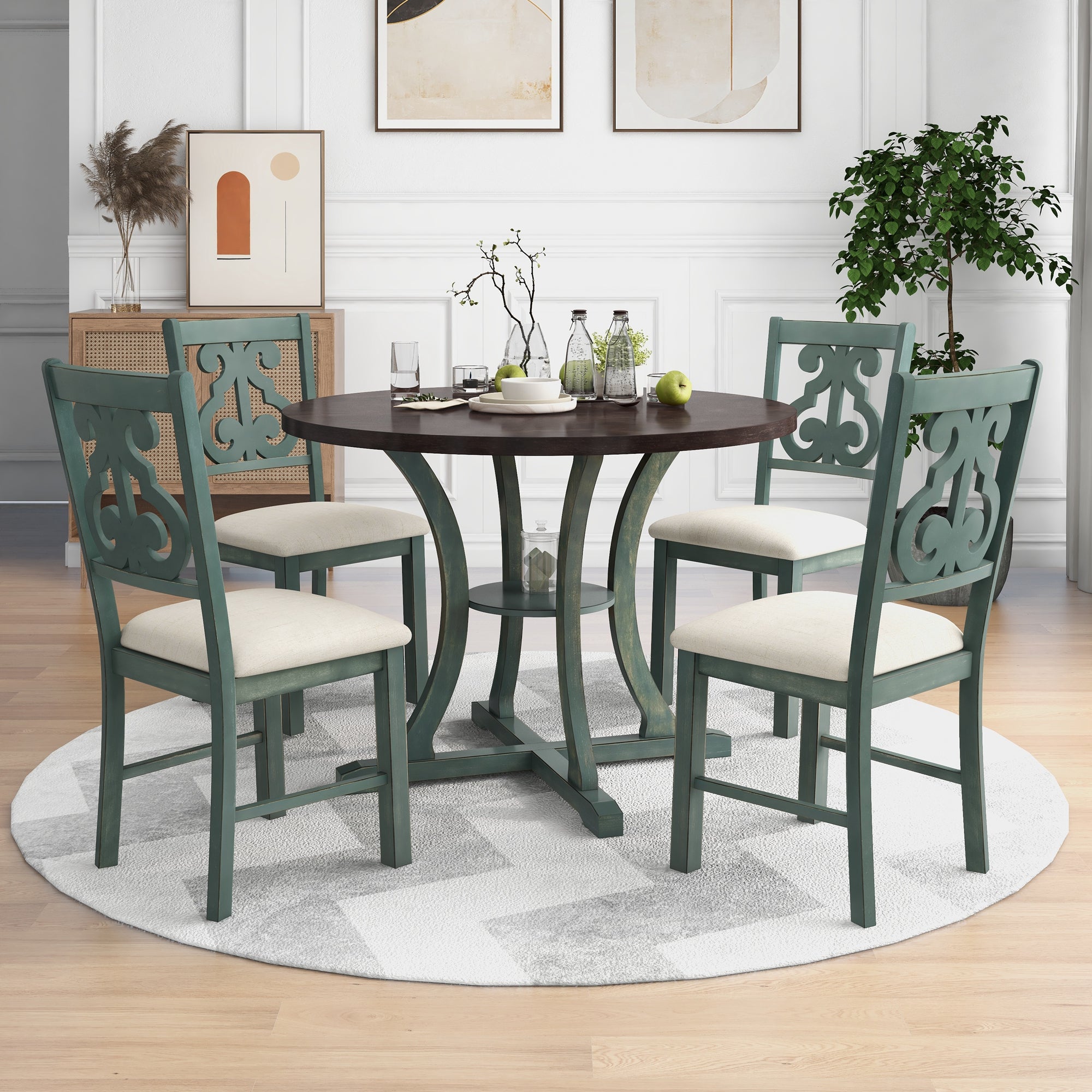 5-Piece Round Dining Table and 4 Fabric Chairs with Special-shaped Table Legs