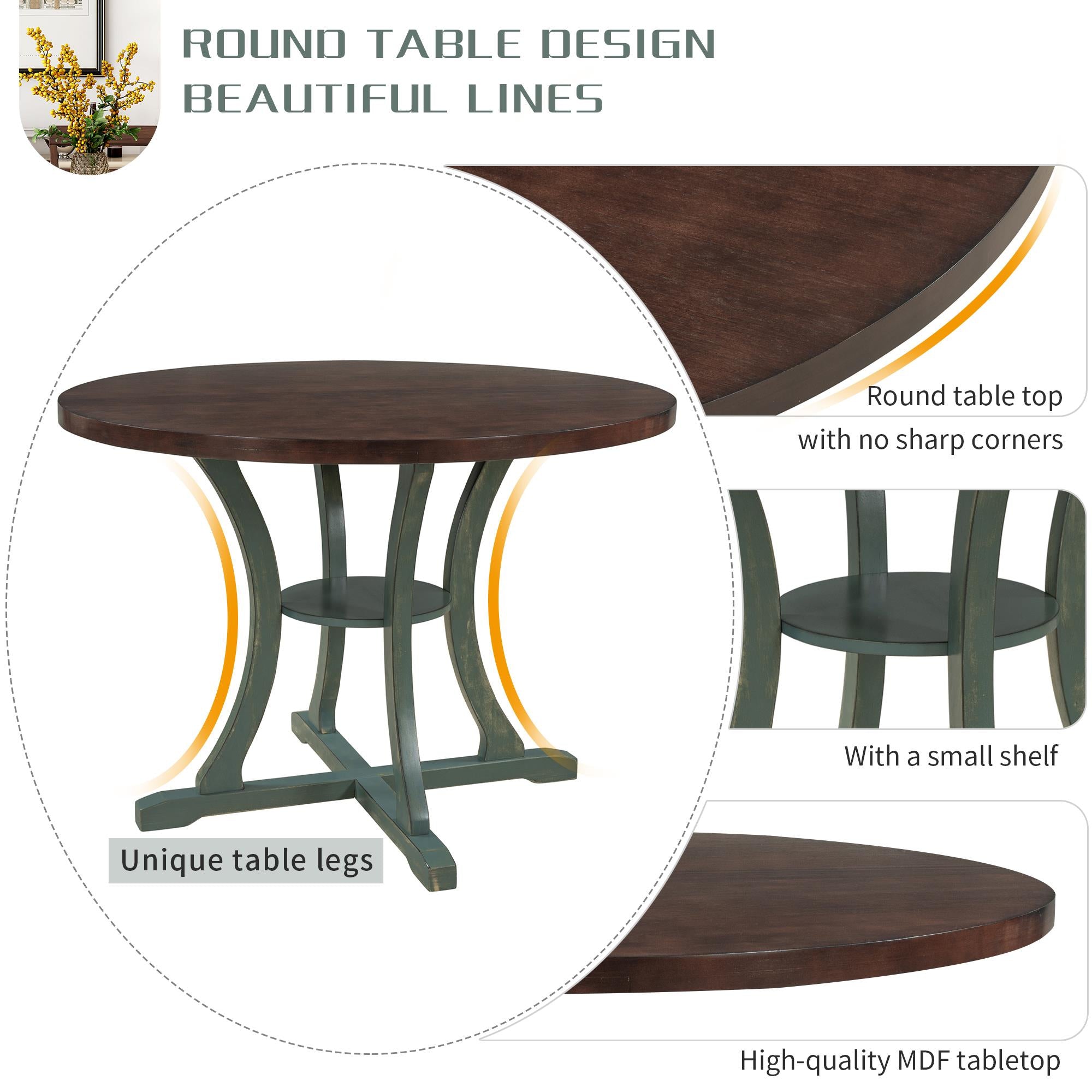 5-Piece Round Dining Table and 4 Fabric Chairs with Special-shaped Table Legs