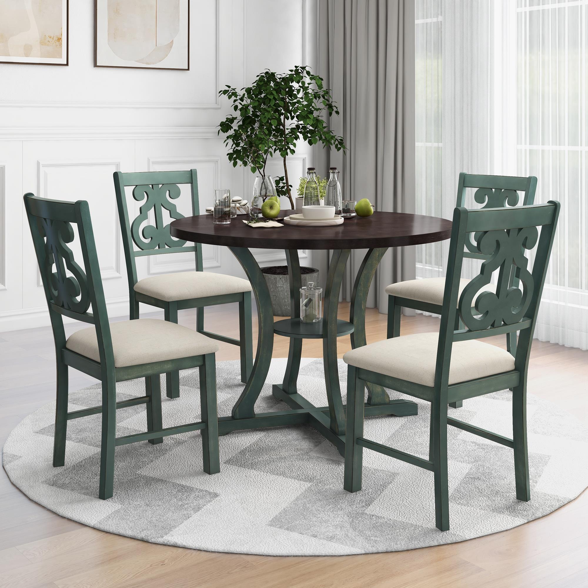 5-Piece Round Dining Table and 4 Fabric Chairs with Special-shaped Table Legs