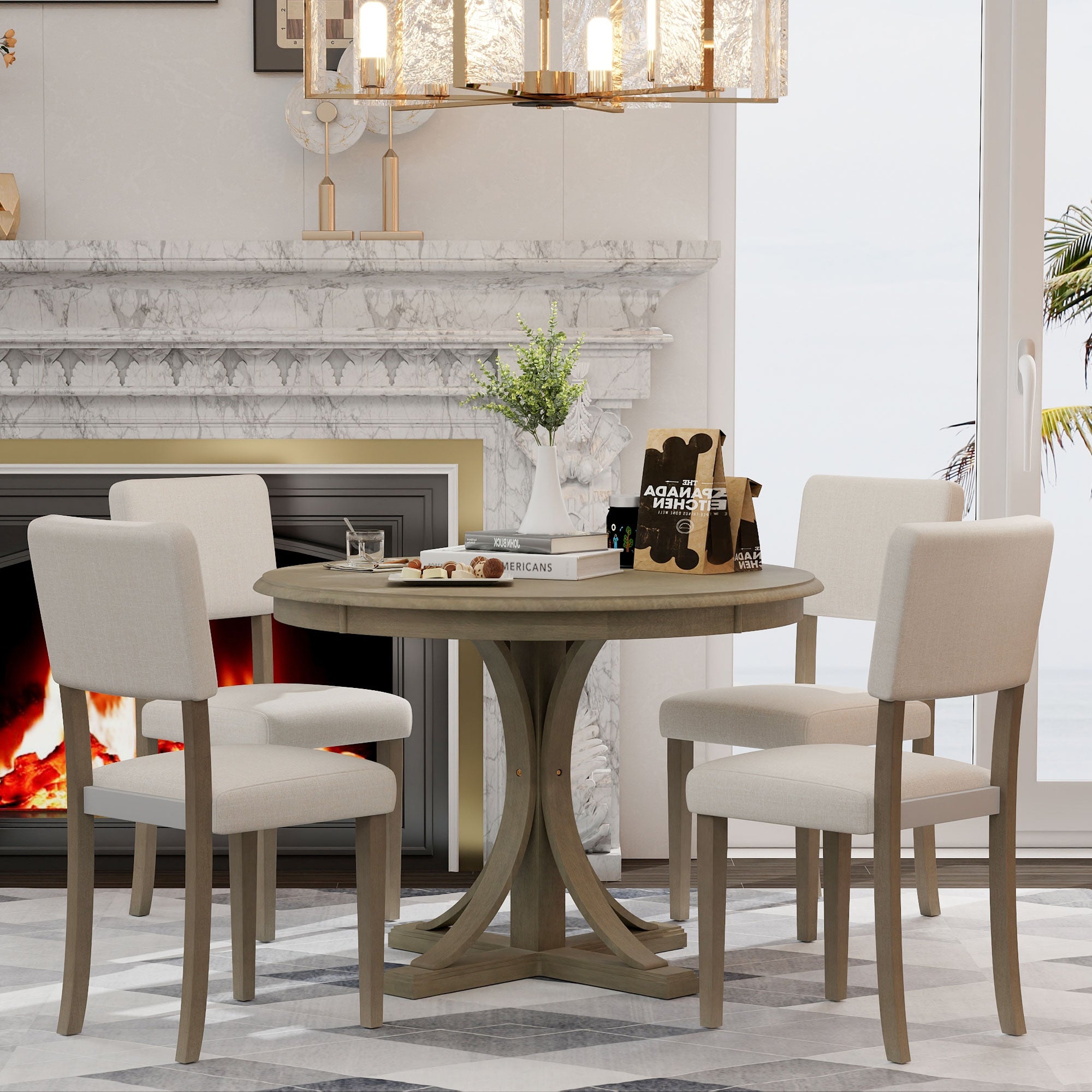 5-Piece Retro Round Dining Table Set with Curved Trestle Style Table