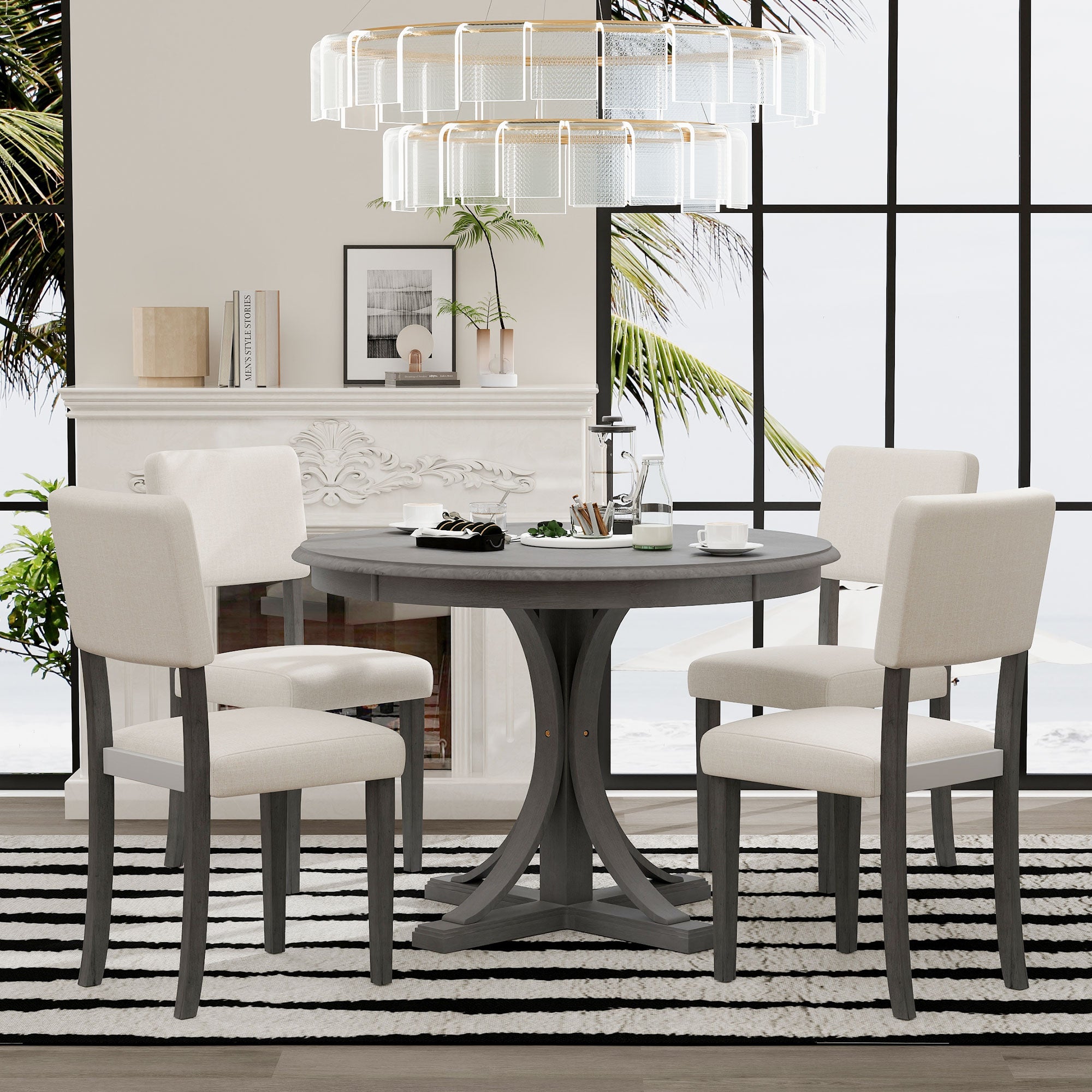 5-Piece Retro Round Dining Table Set with Curved Trestle Style Table