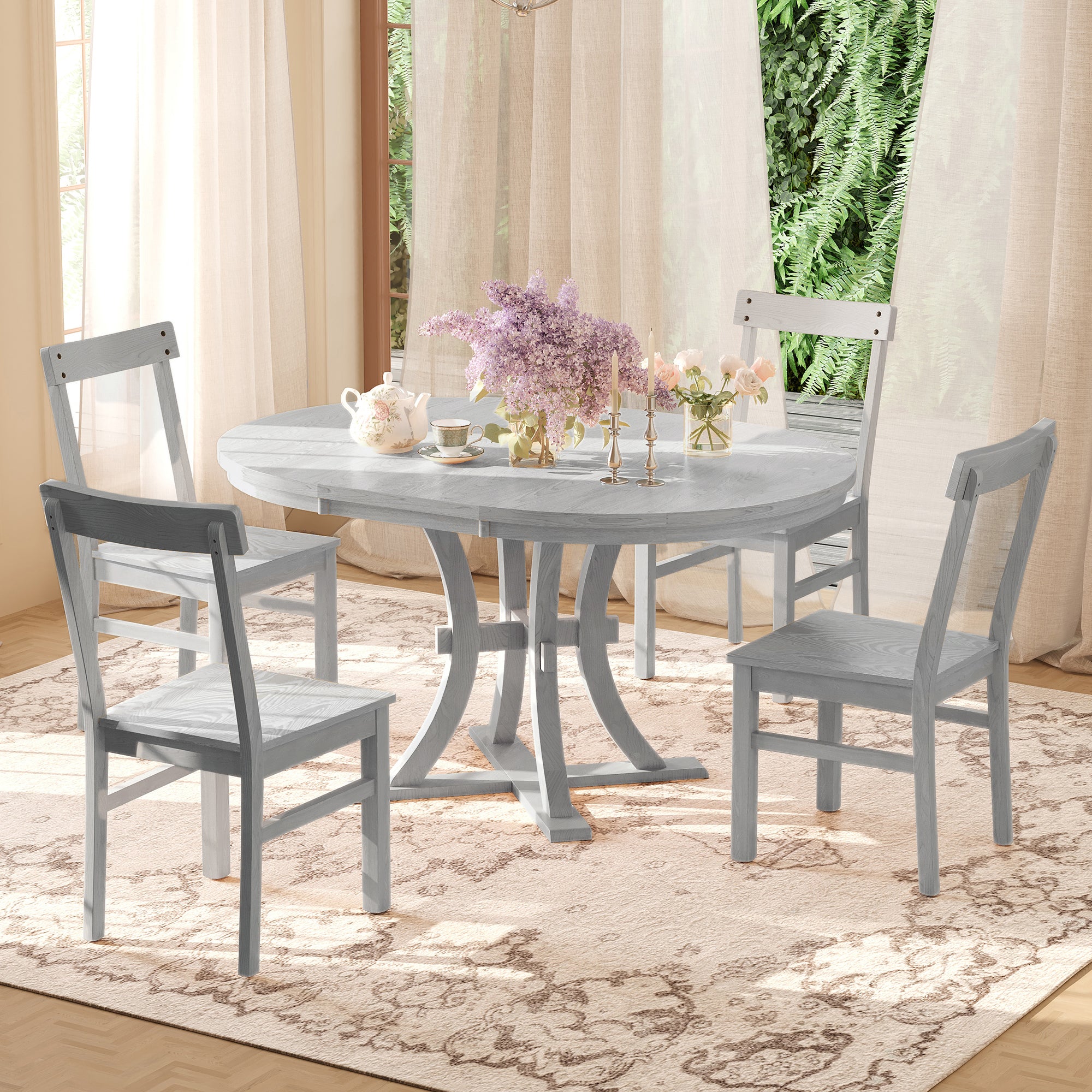 5-Piece Rustic Round Pedestal Extendable Dining Table