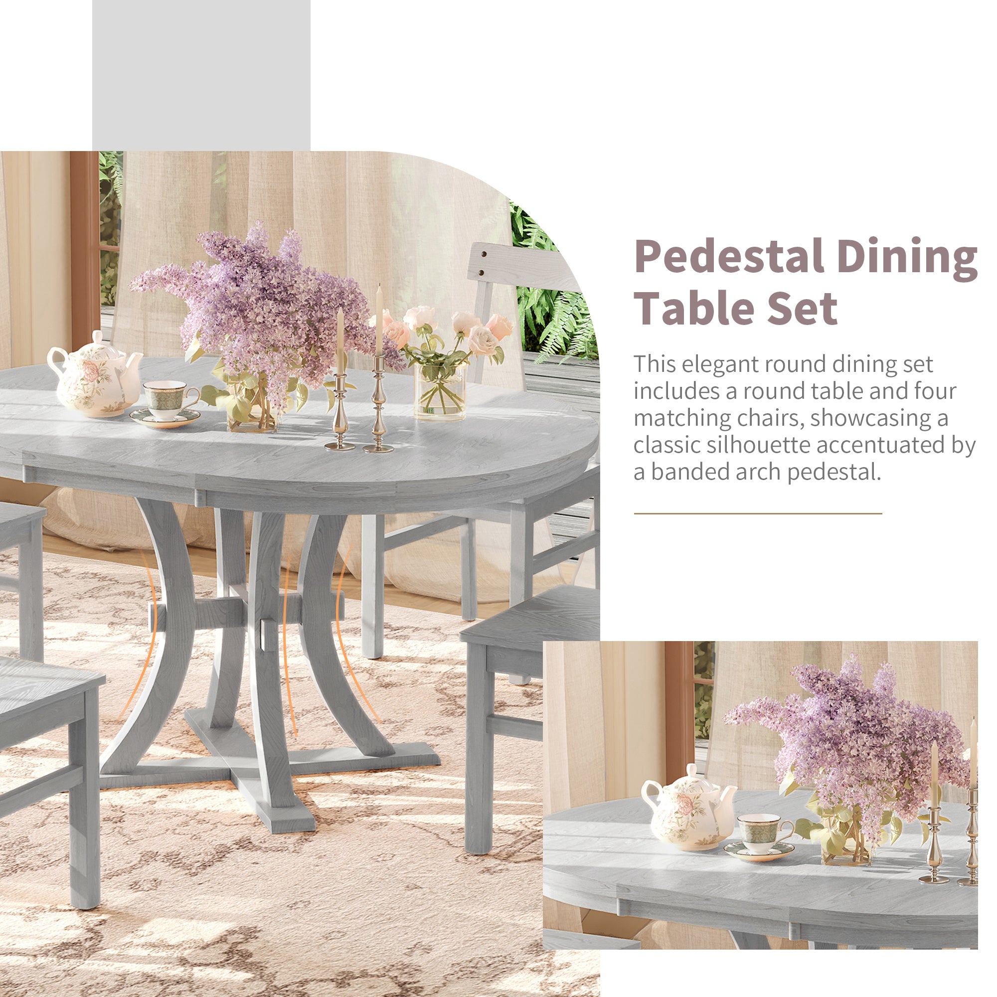 5-Piece Rustic Round Pedestal Extendable Dining Table