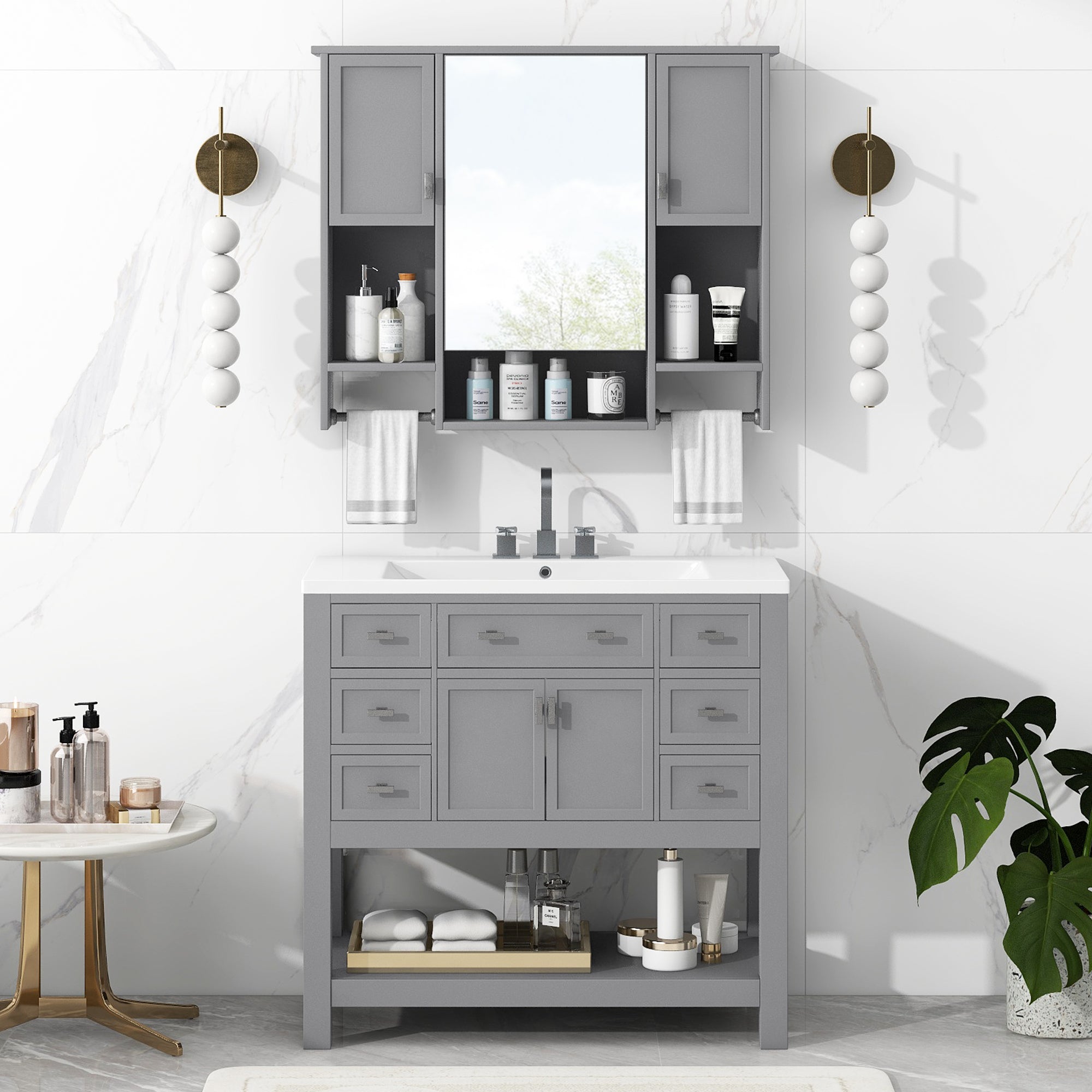 Modern Mirror Cabinet with Towels Bar, Bathroom Storage Cabinet