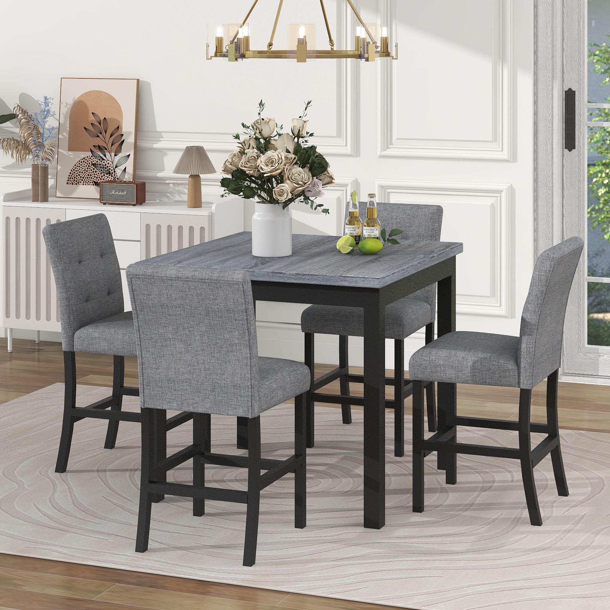 5-Piece Counter Height Dining Set Wood Square Dining Room Table