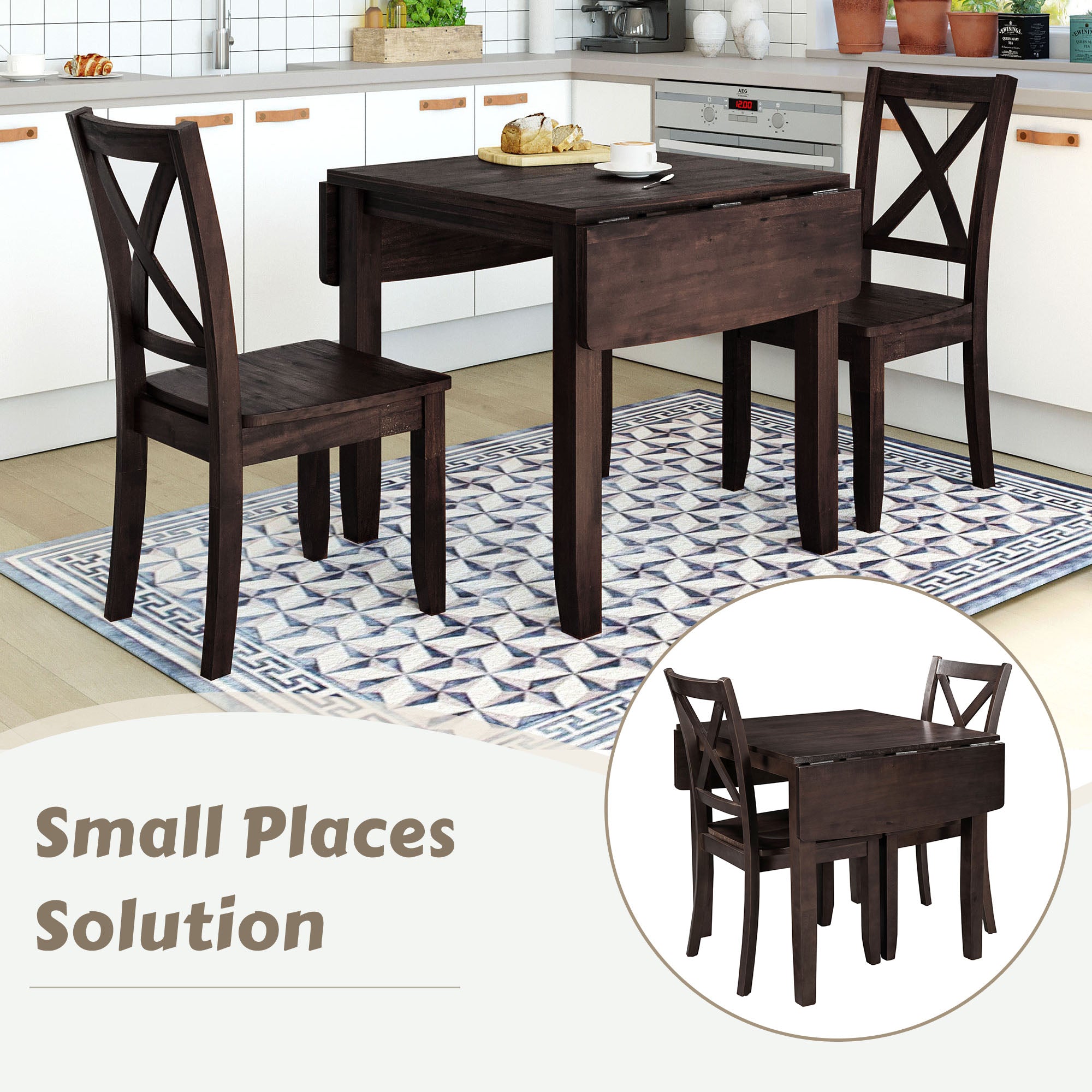 3-Piece Wood Drop Leaf Breakfast Nook Dining Table