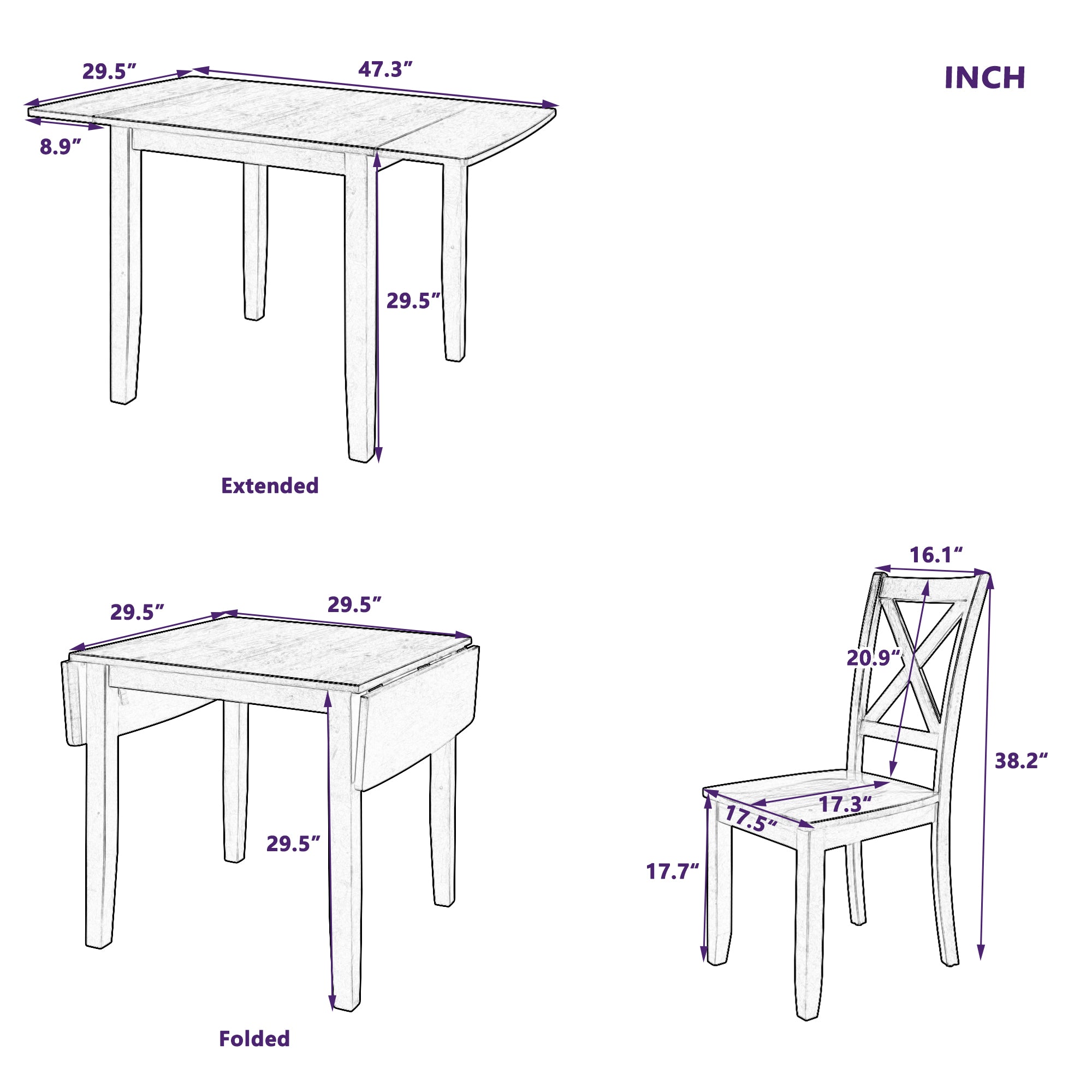 3-Piece Wood Drop Leaf Breakfast Nook Dining Table