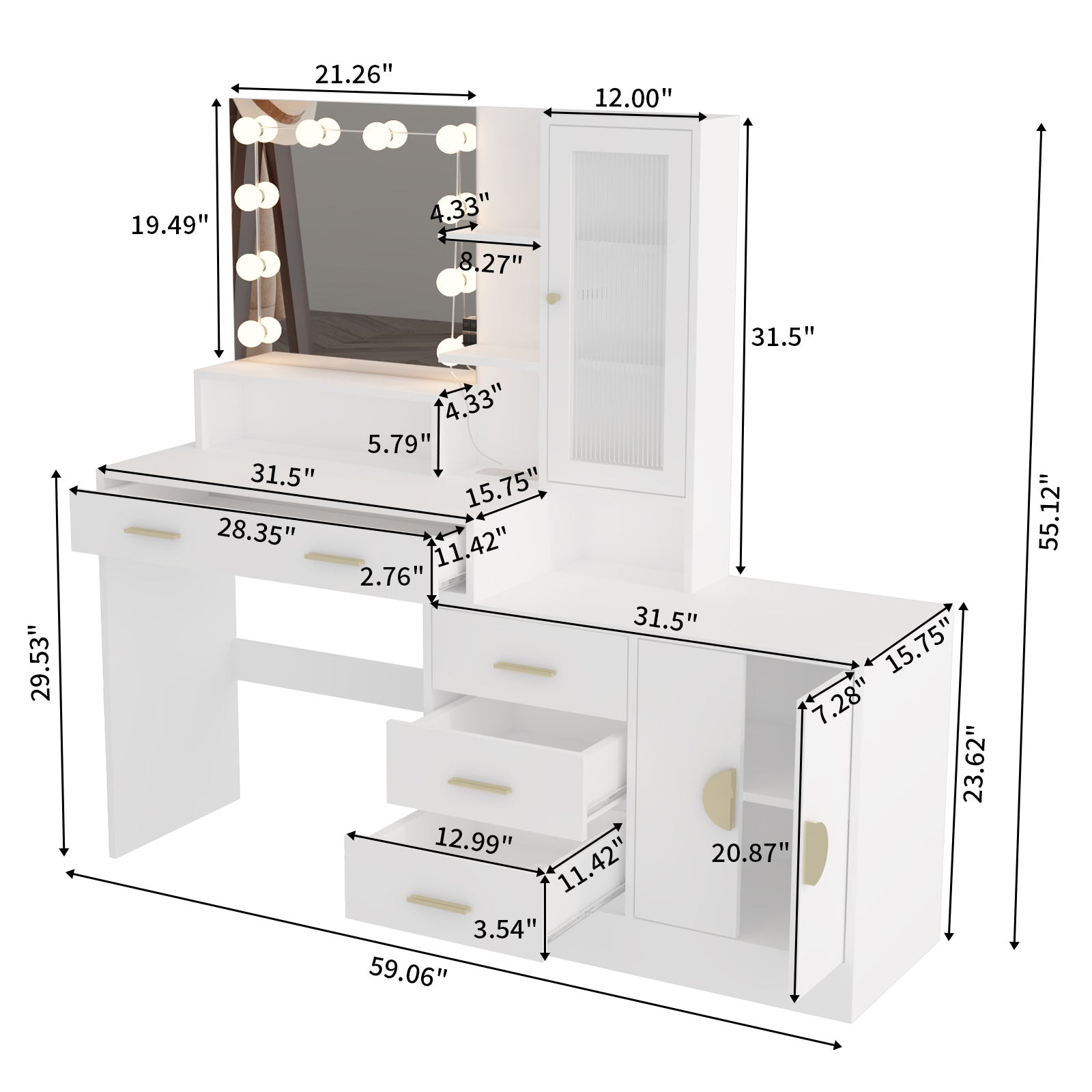 Large Makeup Vanity with Lights, Vanity Table with Charging Station