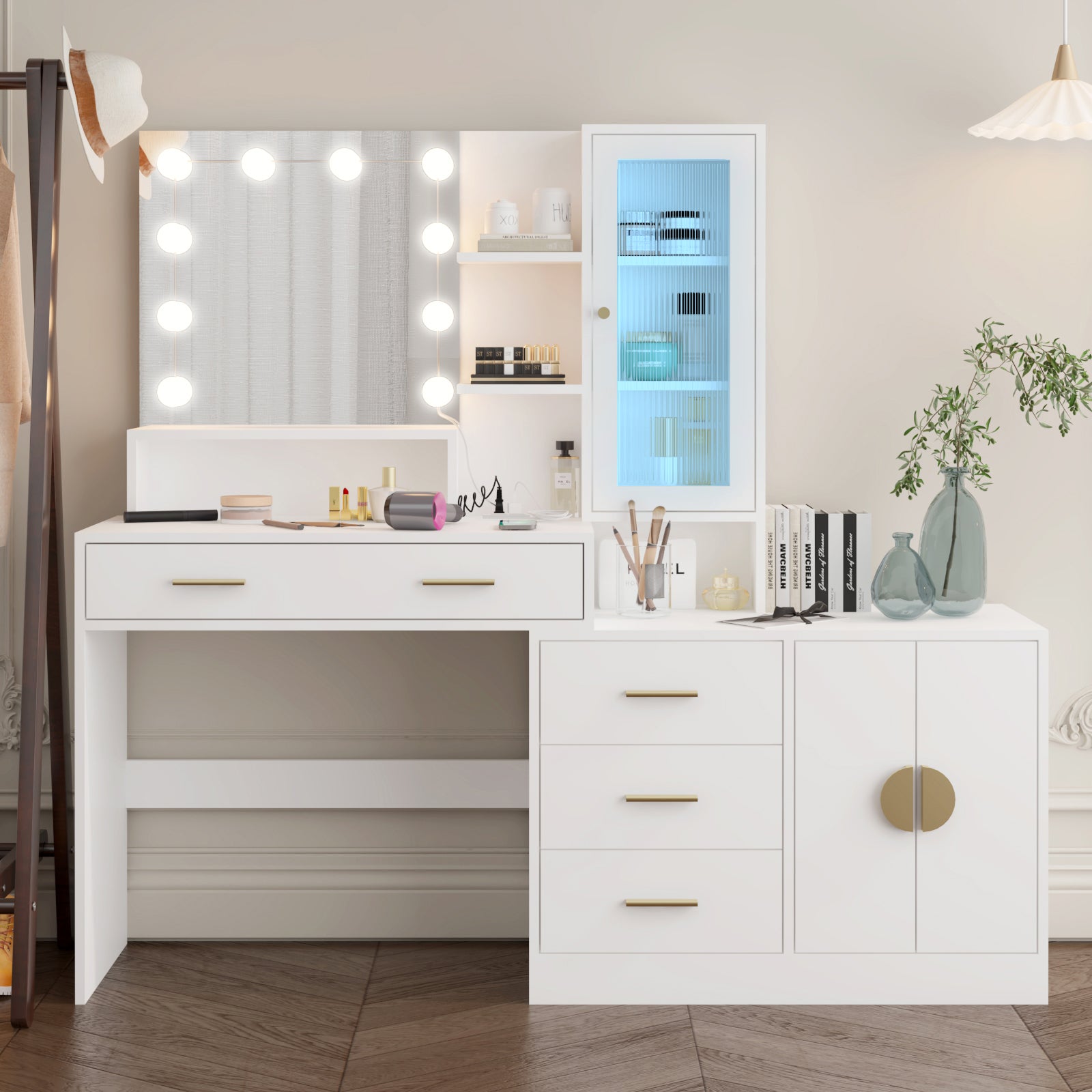 Large Makeup Vanity with Lights, Vanity Table with Charging Station