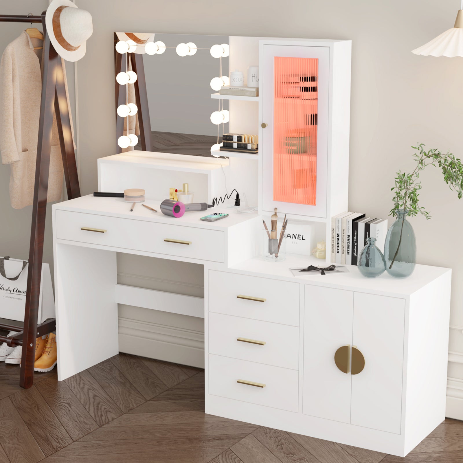 Large Makeup Vanity with Lights, Vanity Table with Charging Station