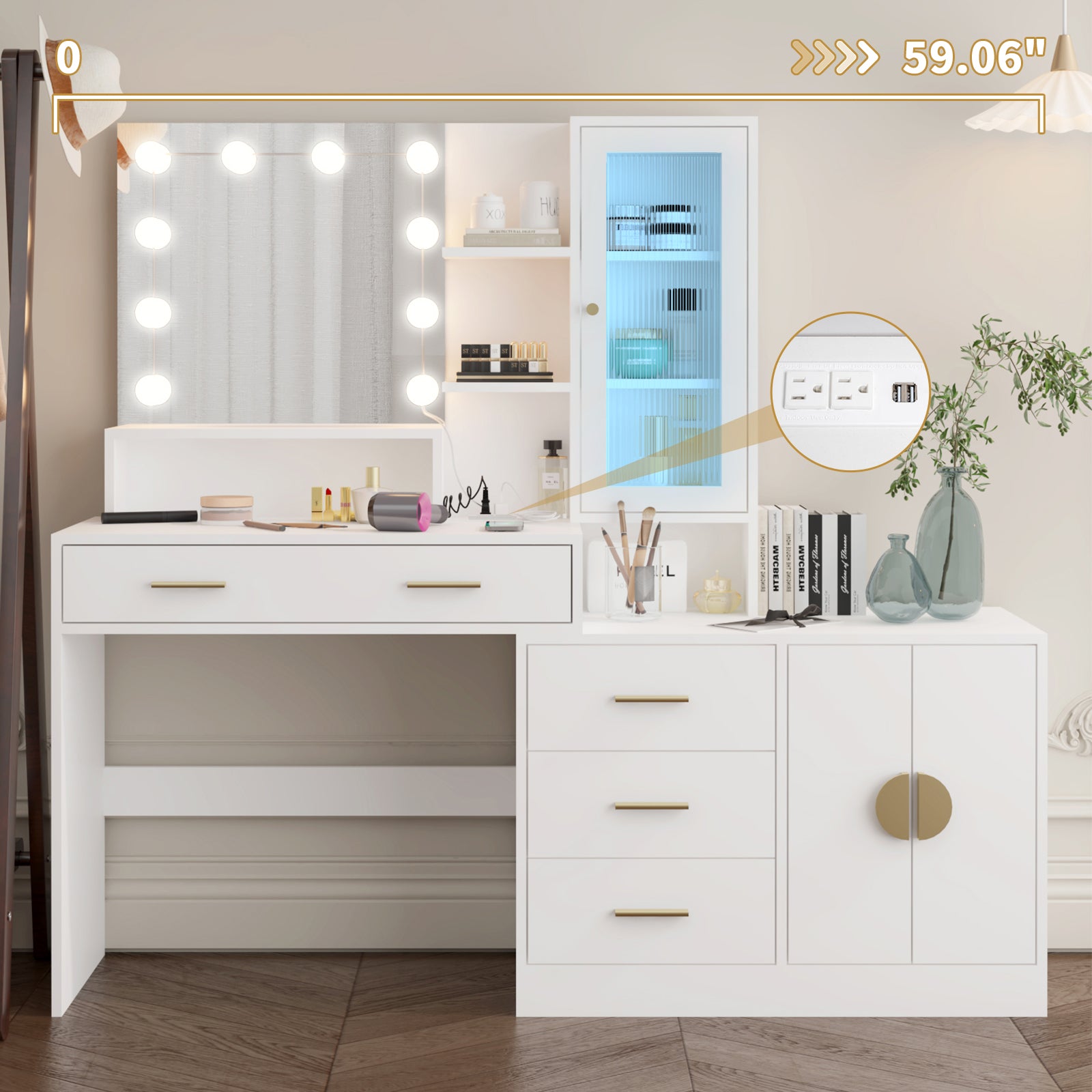 Large Makeup Vanity with Lights, Vanity Table with Charging Station