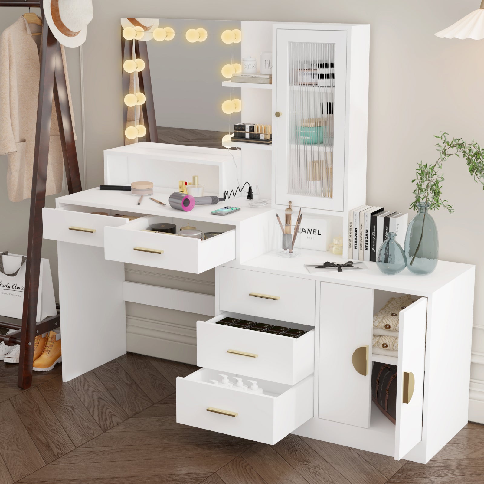 Large Makeup Vanity with Lights, Vanity Table with Charging Station