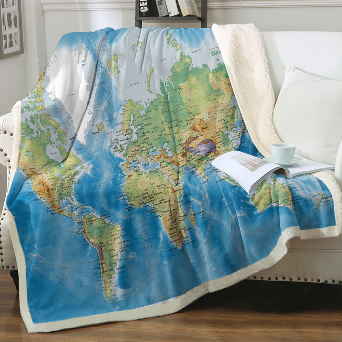 3D World Map Travel Printed Sherpa Fleece Blanket 60*80 Inches Navy Blue World Landmark Abstract Map