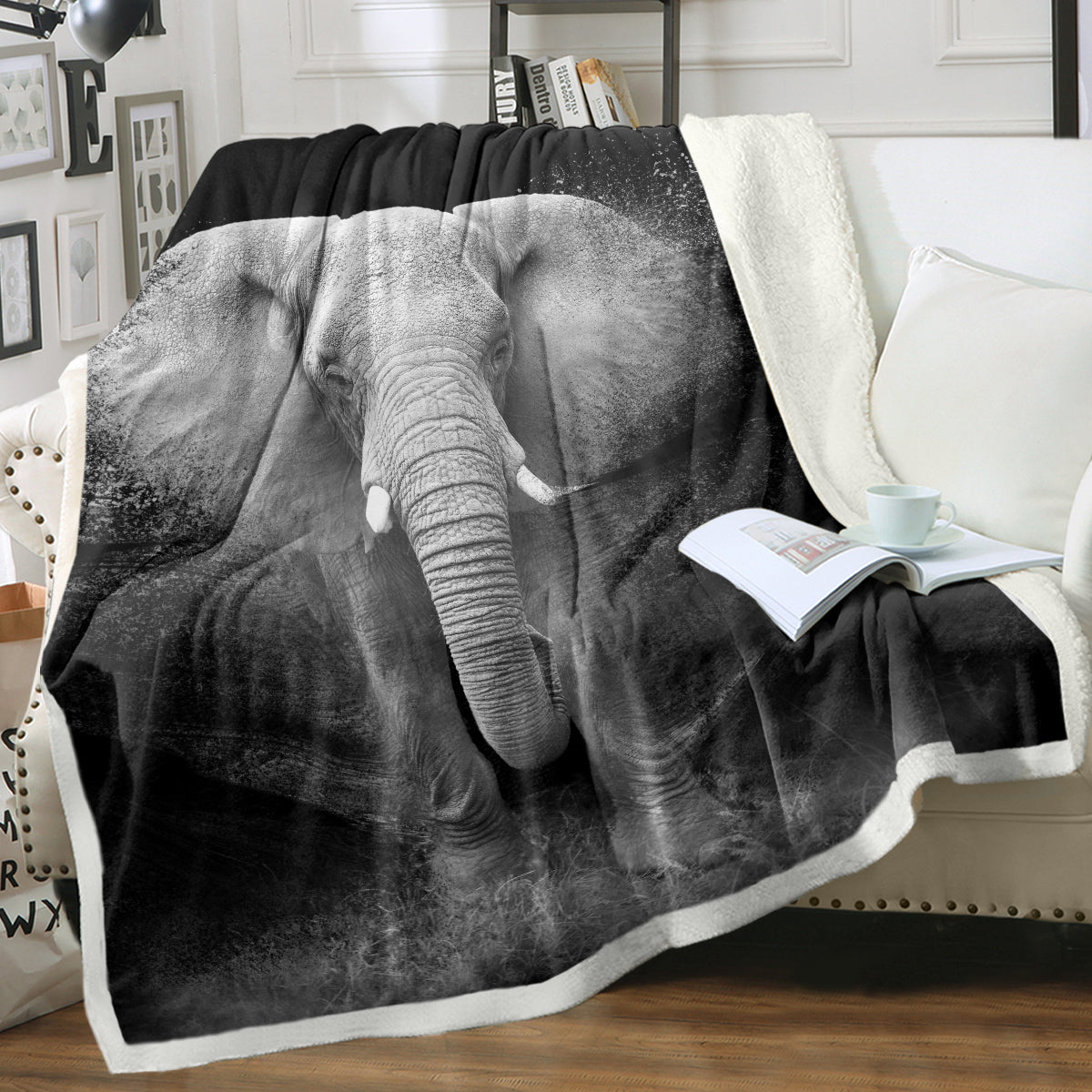 3D Elephant Printed Sherpa Fleece Blanket for Couch Sofa Bed Soft Cozy Fuzzy Black Galaxy Elephant