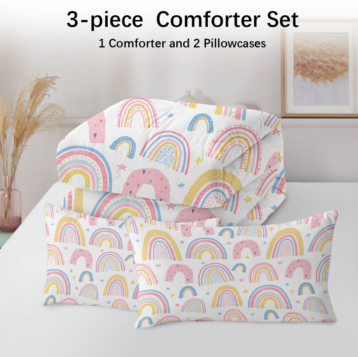 Rainbow Pattern Comforter Set for Women Pink and Yellow Rainbow Star Comforter 3 Piece