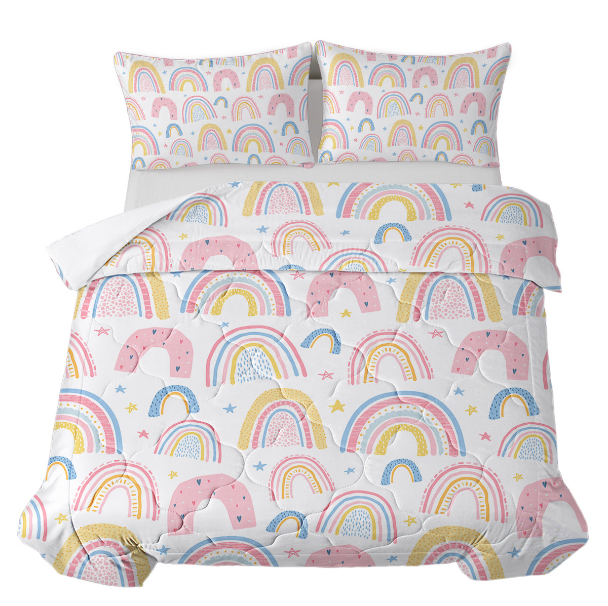 Rainbow Pattern Comforter Set for Women Pink and Yellow Rainbow Star Comforter 3 Piece