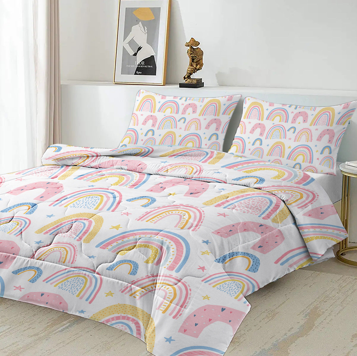 Rainbow Pattern Comforter Set for Women Pink and Yellow Rainbow Star Comforter 3 Piece