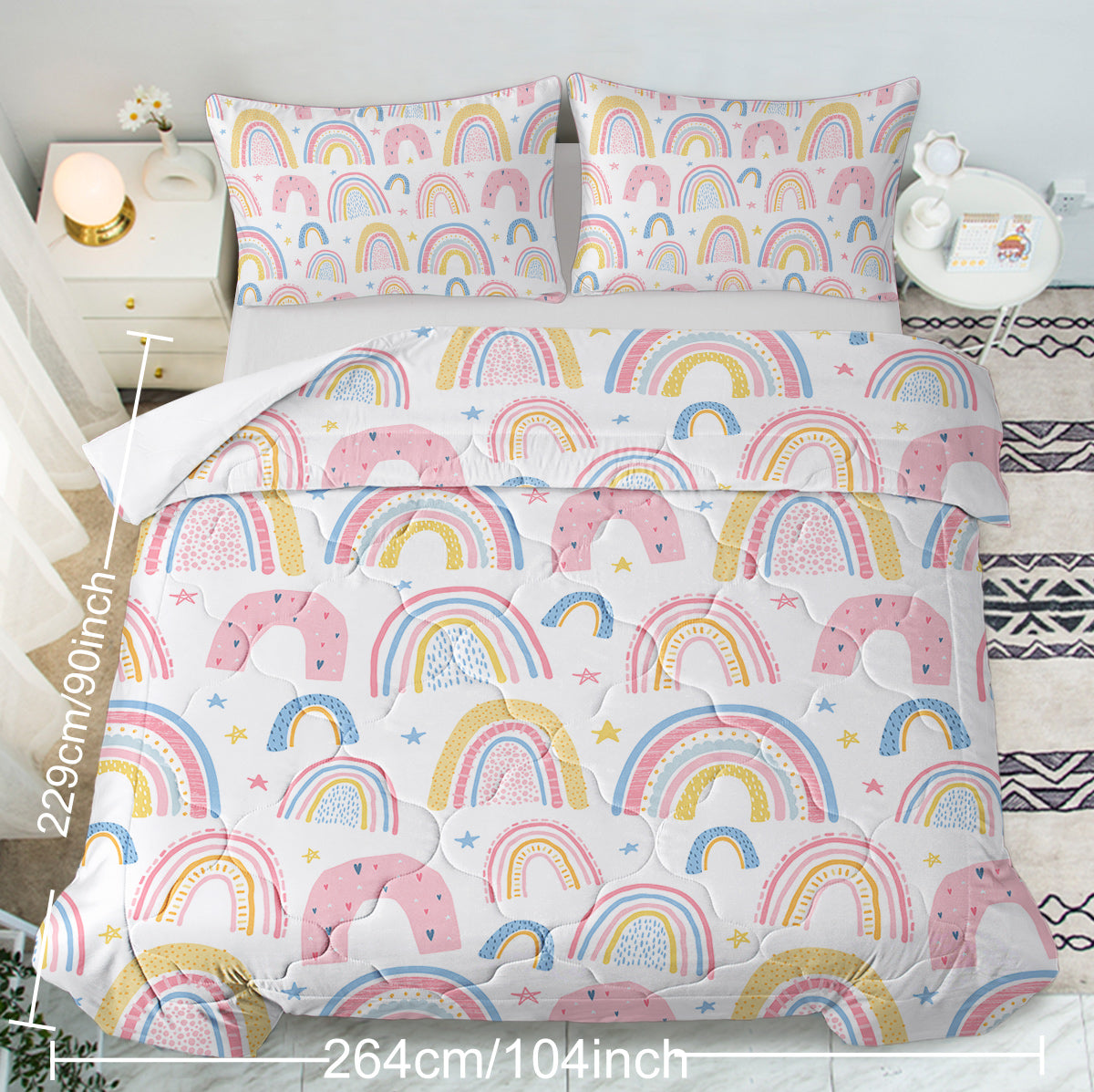 Rainbow Pattern Comforter Set for Women Pink and Yellow Rainbow Star Comforter 3 Piece