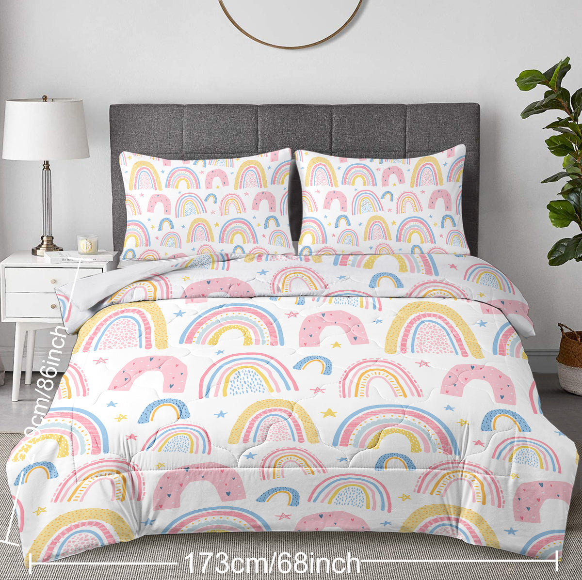 Rainbow Pattern Comforter Set for Women Pink and Yellow Rainbow Star Comforter 3 Piece