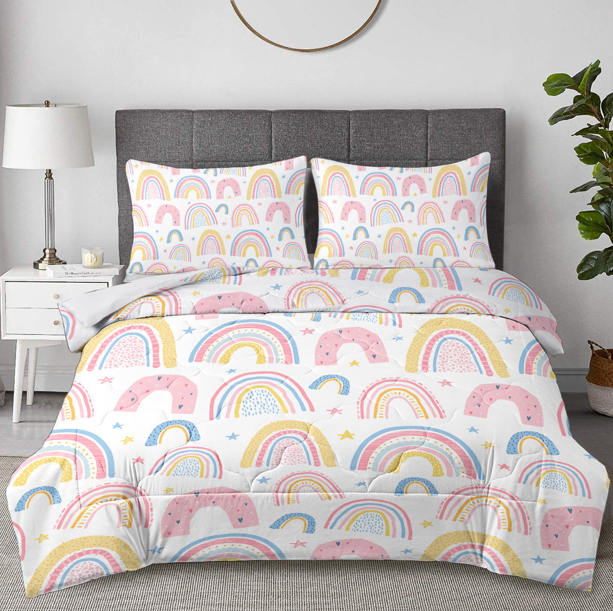 Rainbow Pattern Comforter Set for Women Pink and Yellow Rainbow Star Comforter 3 Piece