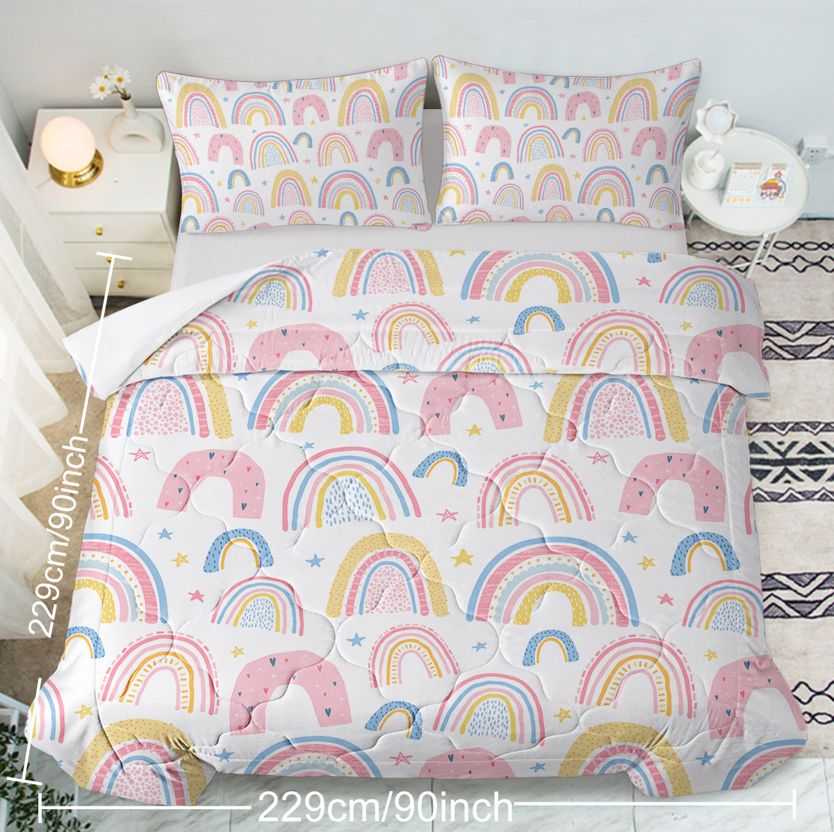 Rainbow Pattern Comforter Set for Women Pink and Yellow Rainbow Star Comforter 3 Piece