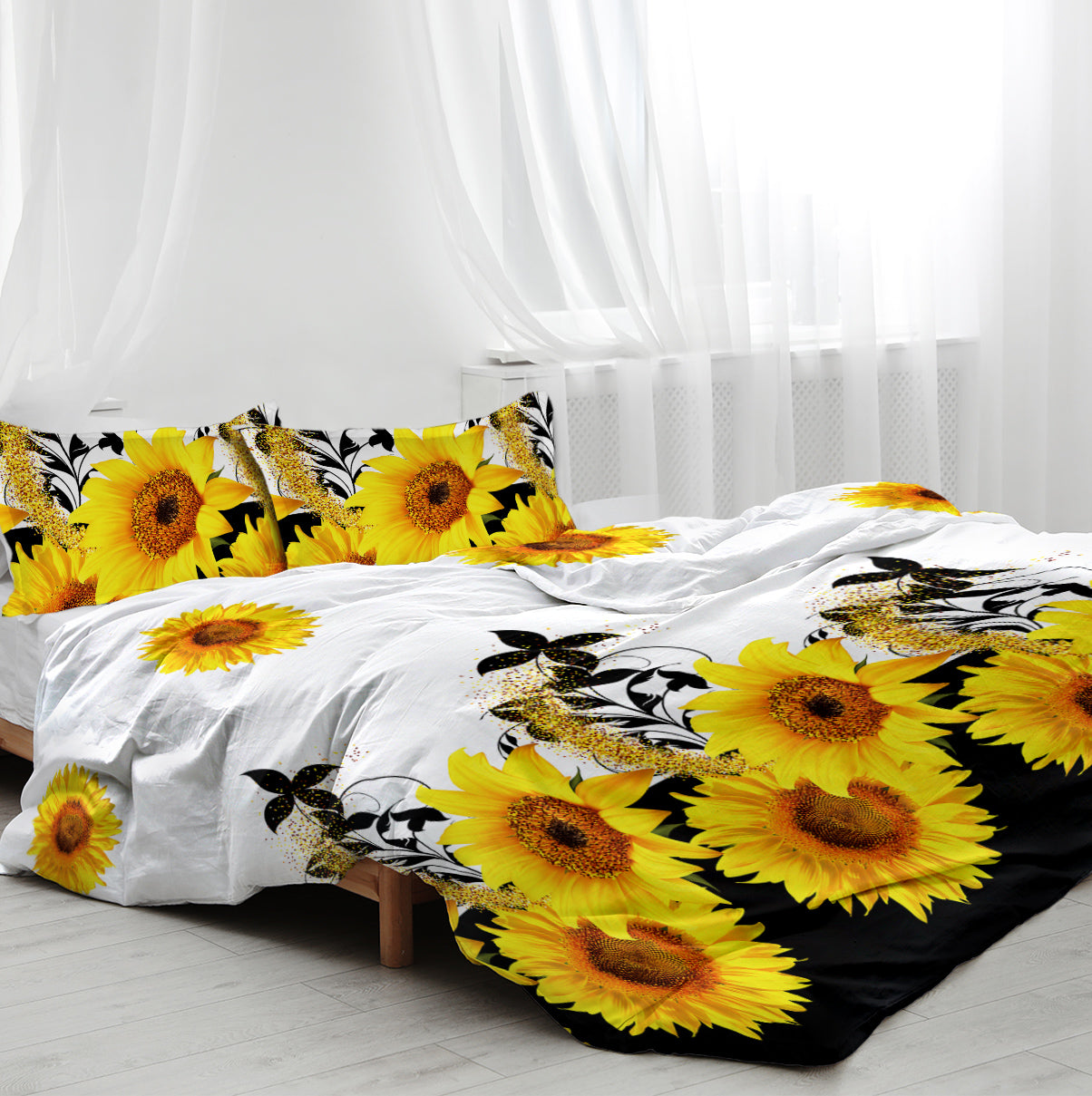 3 Pieces Black And White Background Sunflower Duvet Cover Set