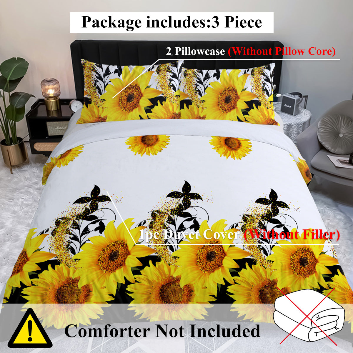 3 Pieces Black And White Background Sunflower Duvet Cover Set