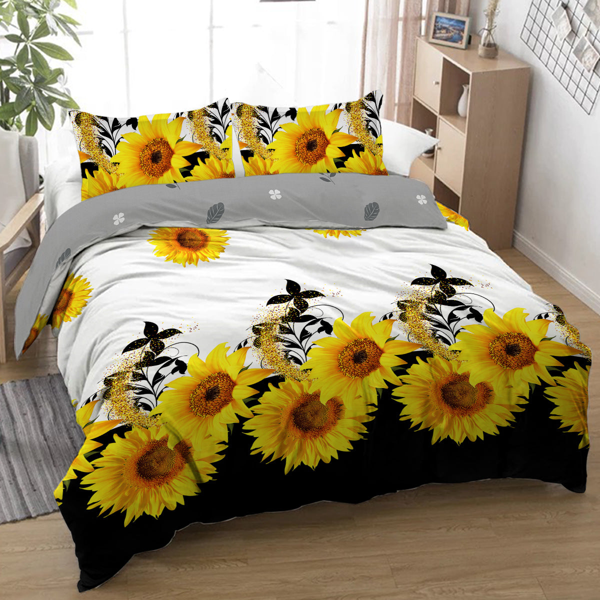 3 Pieces Black And White Background Sunflower Duvet Cover Set