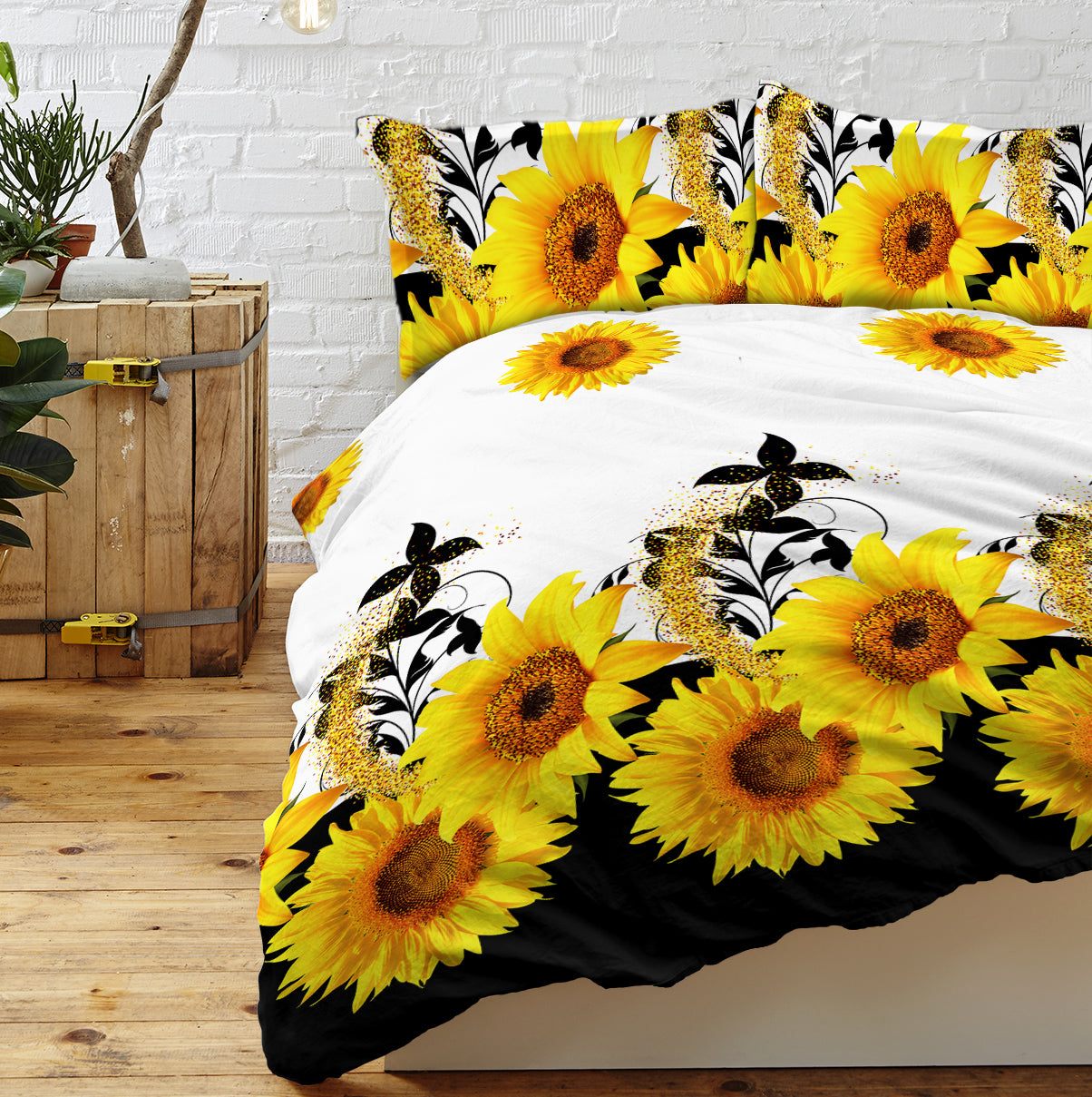 3 Pieces Black And White Background Sunflower Duvet Cover Set