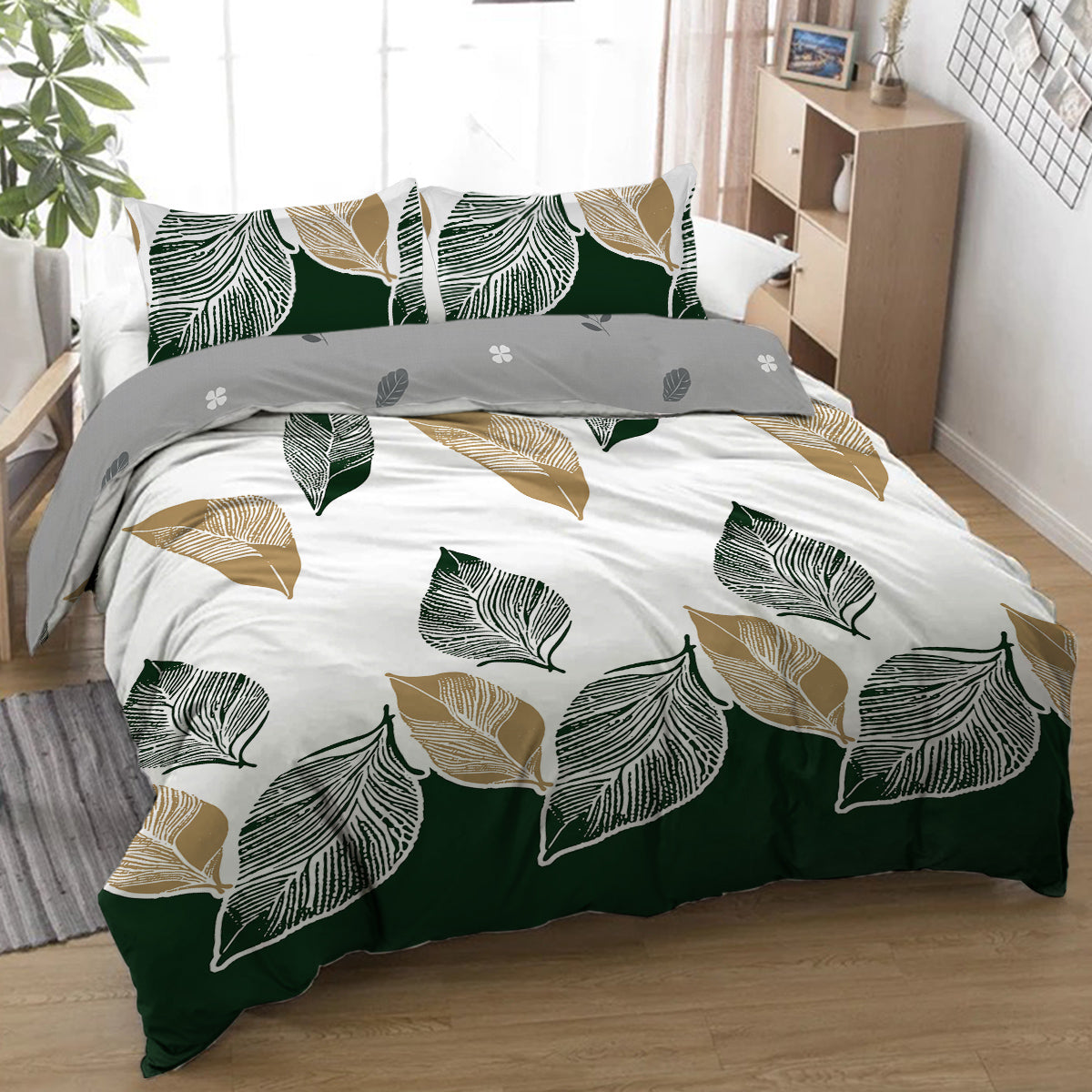 Green Gold Tropical Duvet Cover Set Botanical Palm Leaves Pattern Microfiber