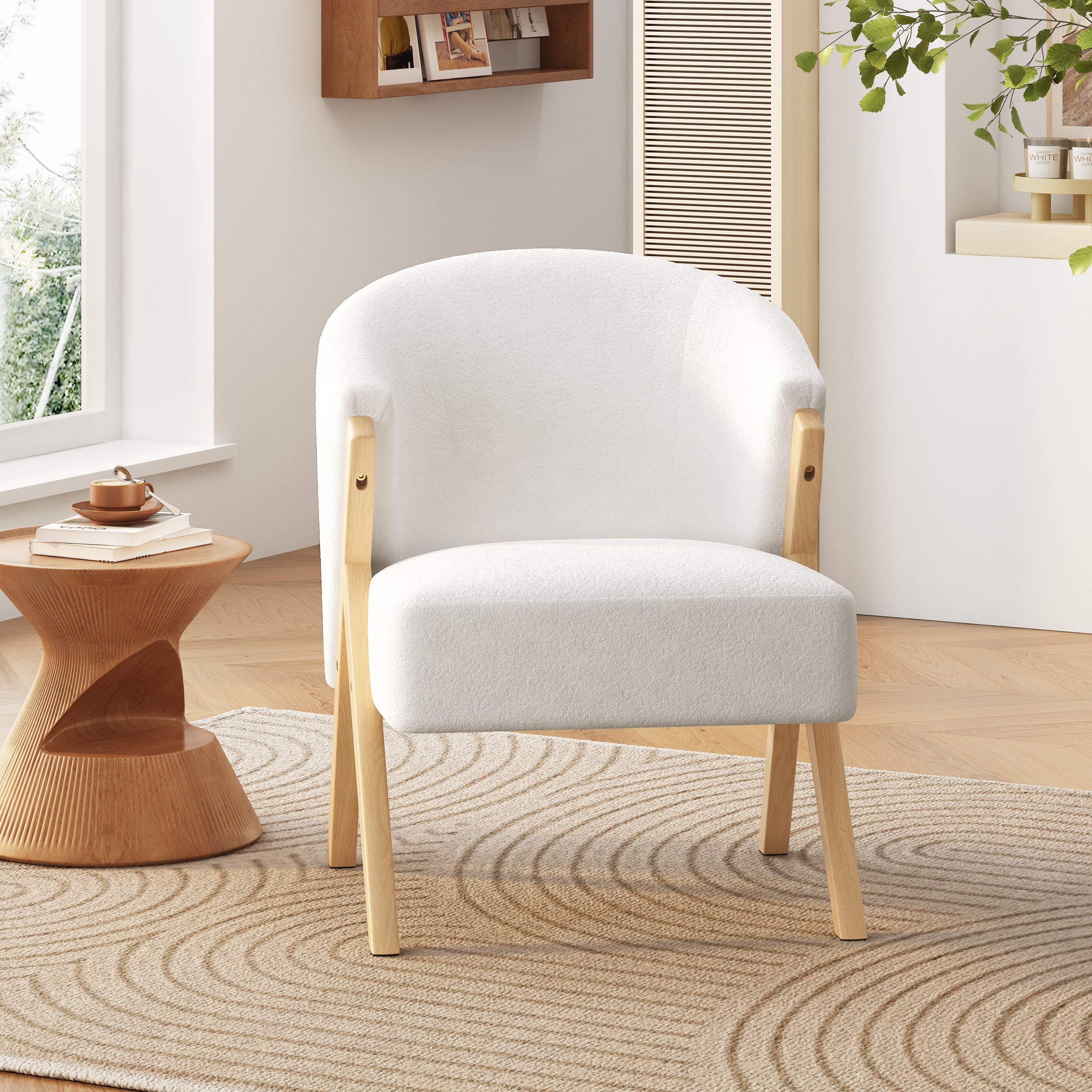 Modern Accent Chair with White Upholstery and Solid Wood Frame