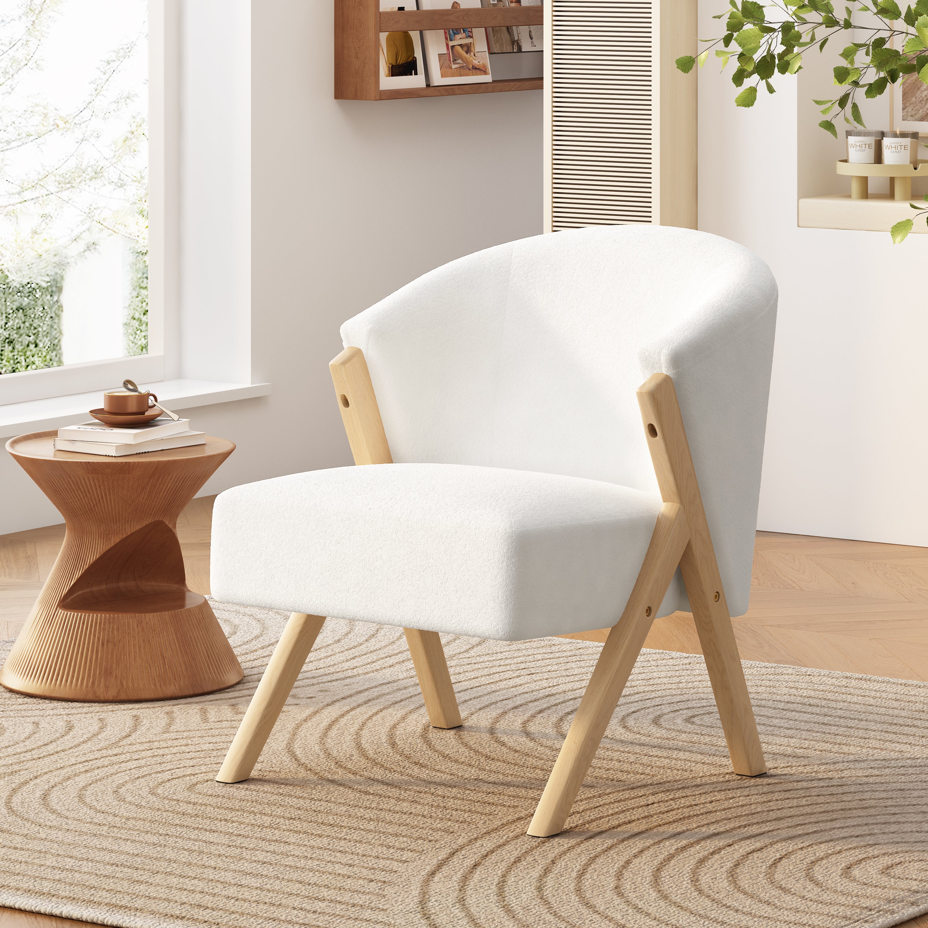 Modern Accent Chair with White Upholstery and Solid Wood Frame