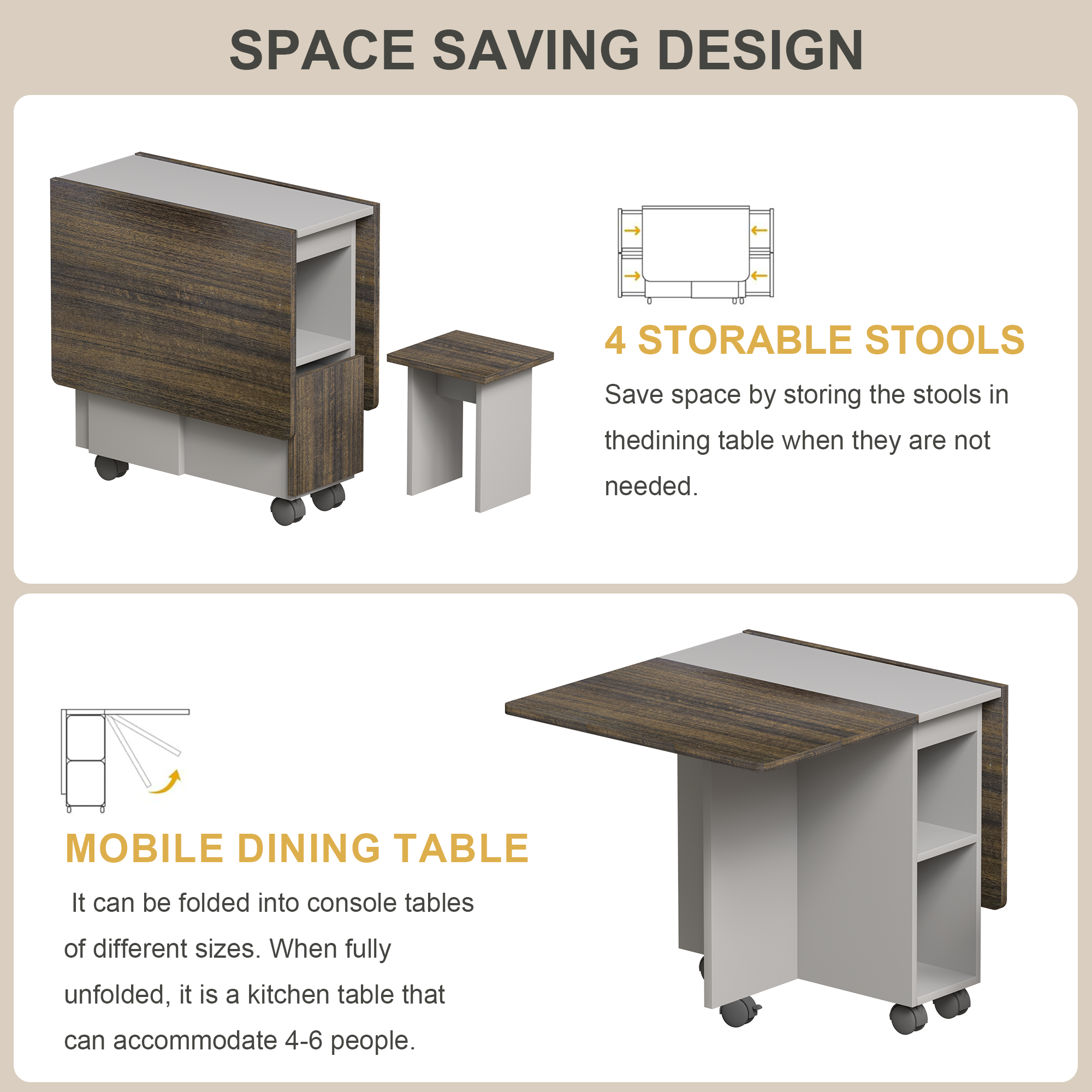 5 Pieces Folding Extendable Dining Table