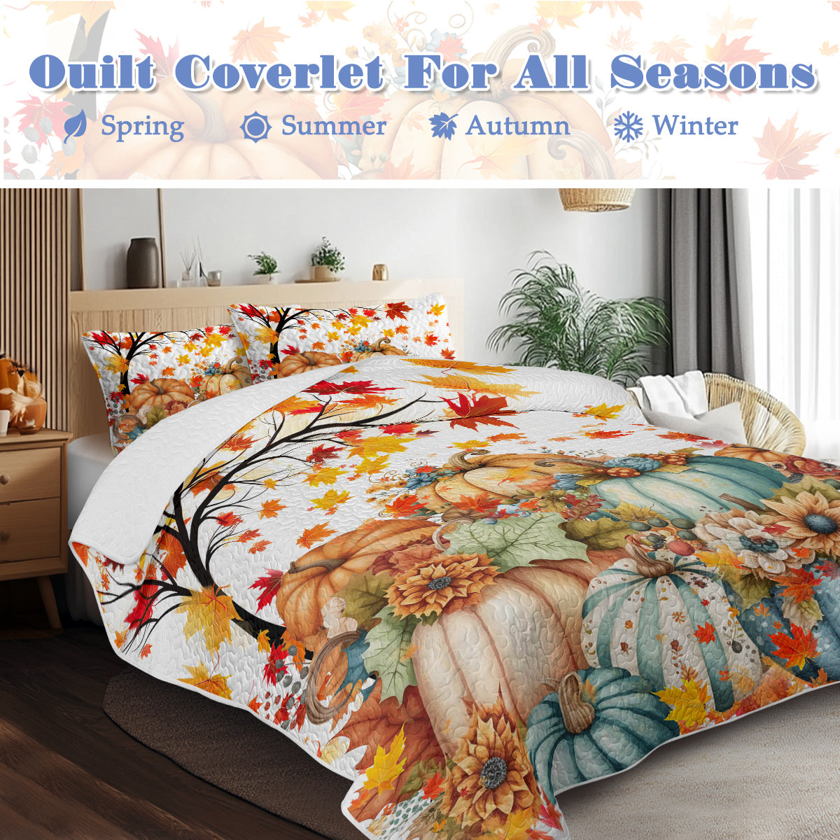 3 Pieces Colorful Oil Painting Pumpkin Pattern Quilt Set