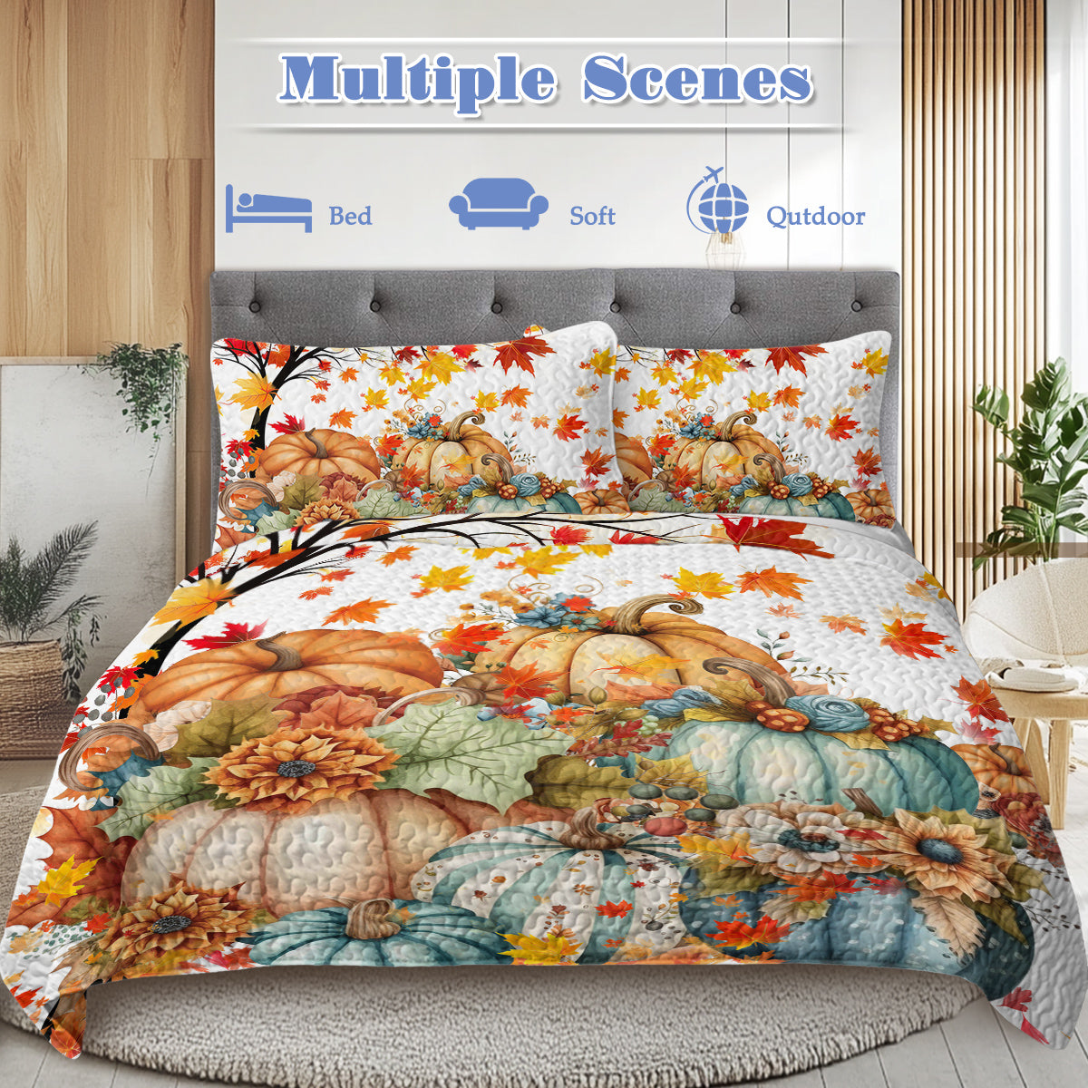 3 Pieces Colorful Oil Painting Pumpkin Pattern Quilt Set