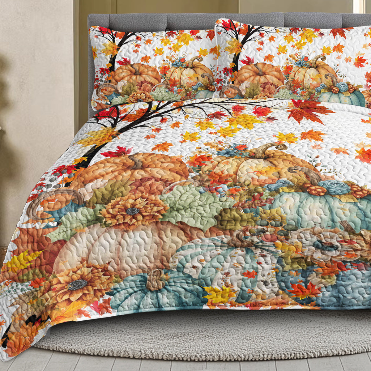 3 Pieces Colorful Oil Painting Pumpkin Pattern Quilt Set