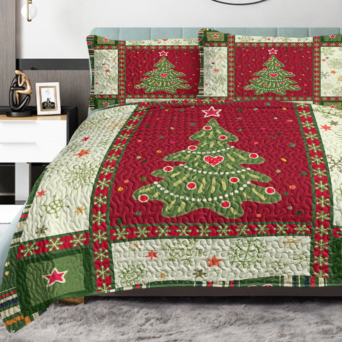 3 Piece Cute Christmas Tree Quilt Set Red Green Queen Size Snowflakes Pattern Bedspread